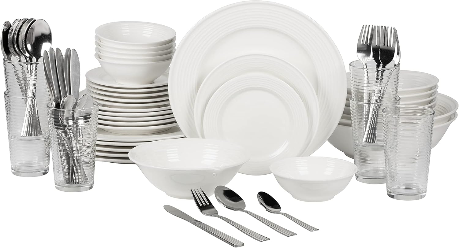10 Strawberry Street Nova White Round 62-Piece Stoneware Dinnerware Set, Service for 6