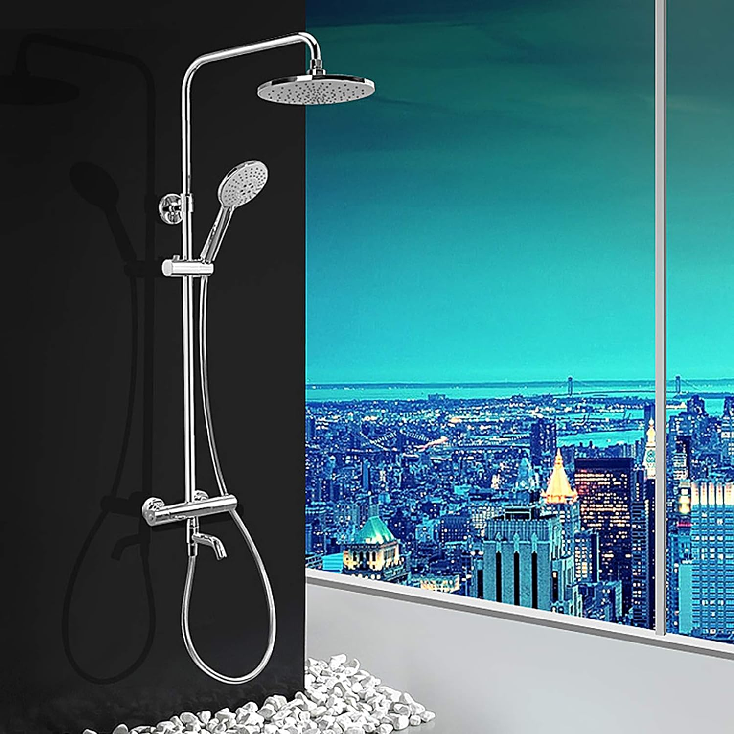 Rain Shower Head, 8" inch Round LED Shower with 3 Color Temperature Controlled Lights Changing automatically Water Rainfall High-Pressure Bathroom Shower Head