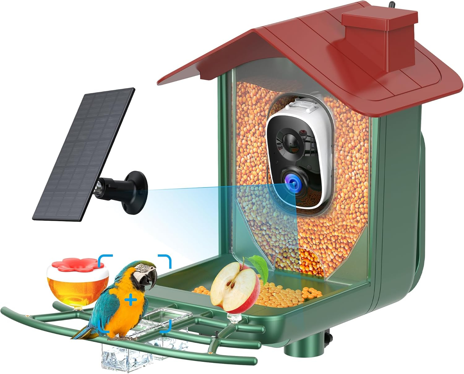 Solar-Powered Green and Red Bird Feeder with 2K HD Camera