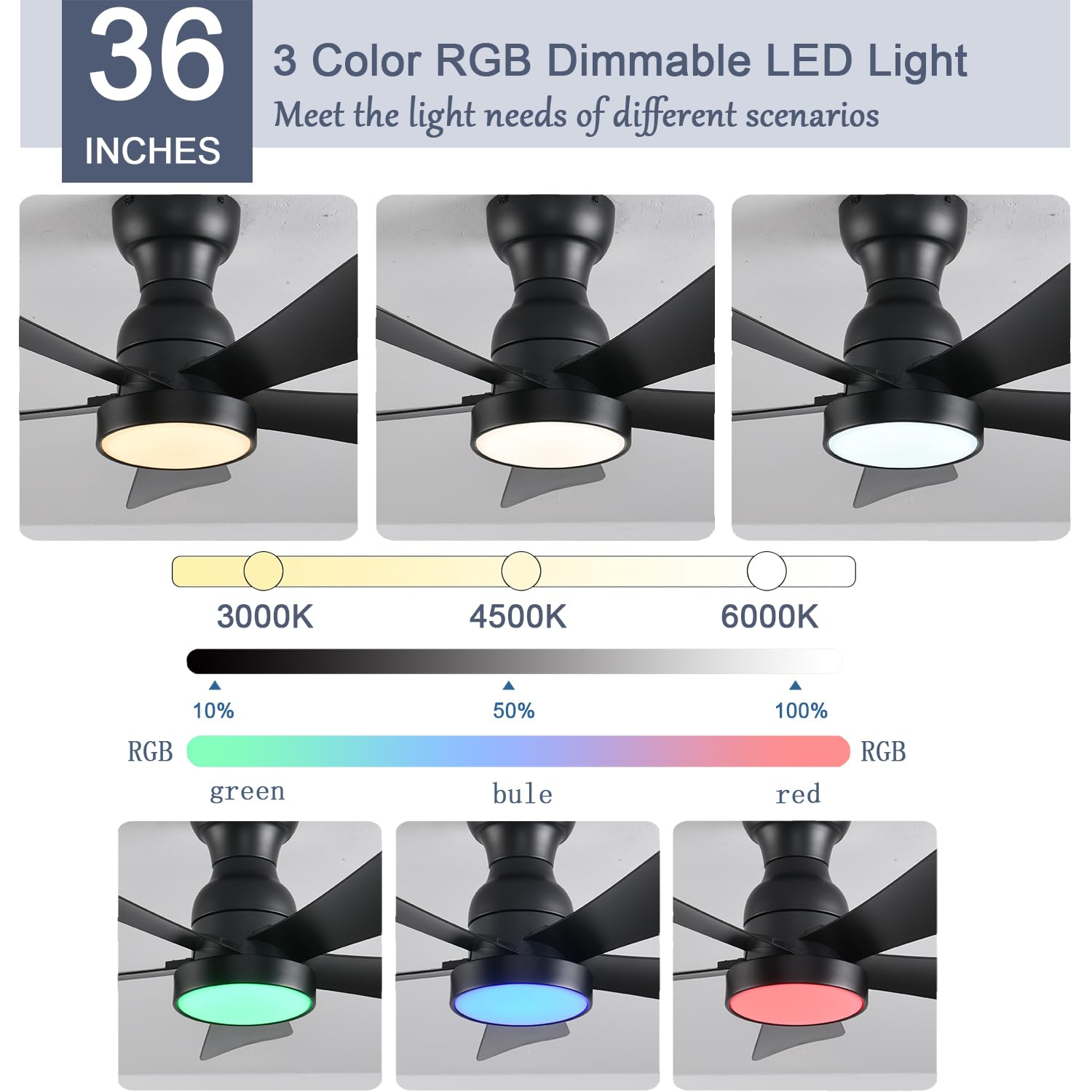 36inch Ceiling Fans with Lights and Remote/App Control, Flush Mount Ceiling Fan with Reversible Dc Motor RGB Dimmable Light, Noiseless Black Modern Small Ceiling Fan for Bedroom Indoor/Outdoor