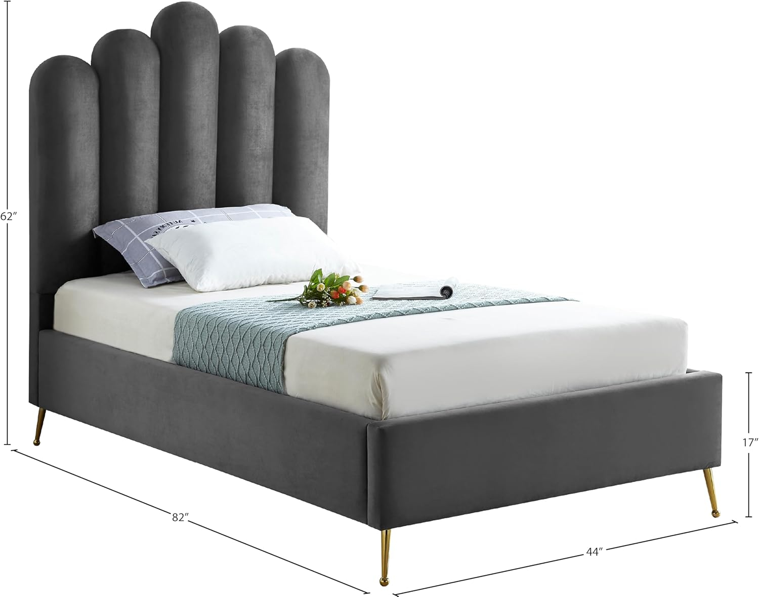 Meridian Furniture Lily Collection Modern | Contemporary Velvet Upholstered Bed with Deep Channel Tufting and Custom Gold Steel Legs, Twin, Grey