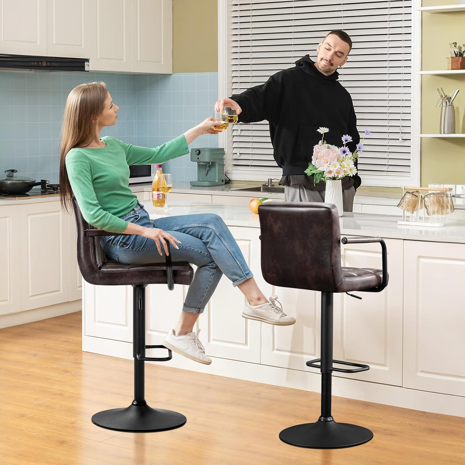 Furniliving Adjustable Swivel Bar Stools Counter Height Stool with Low-Back Kitchen Counter Stools Set of 2,Black Brown