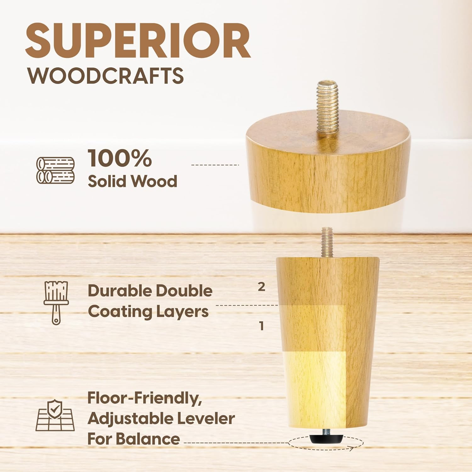 4 Inch Natural Rubberwood Round Furniture Legs Set with Levelers