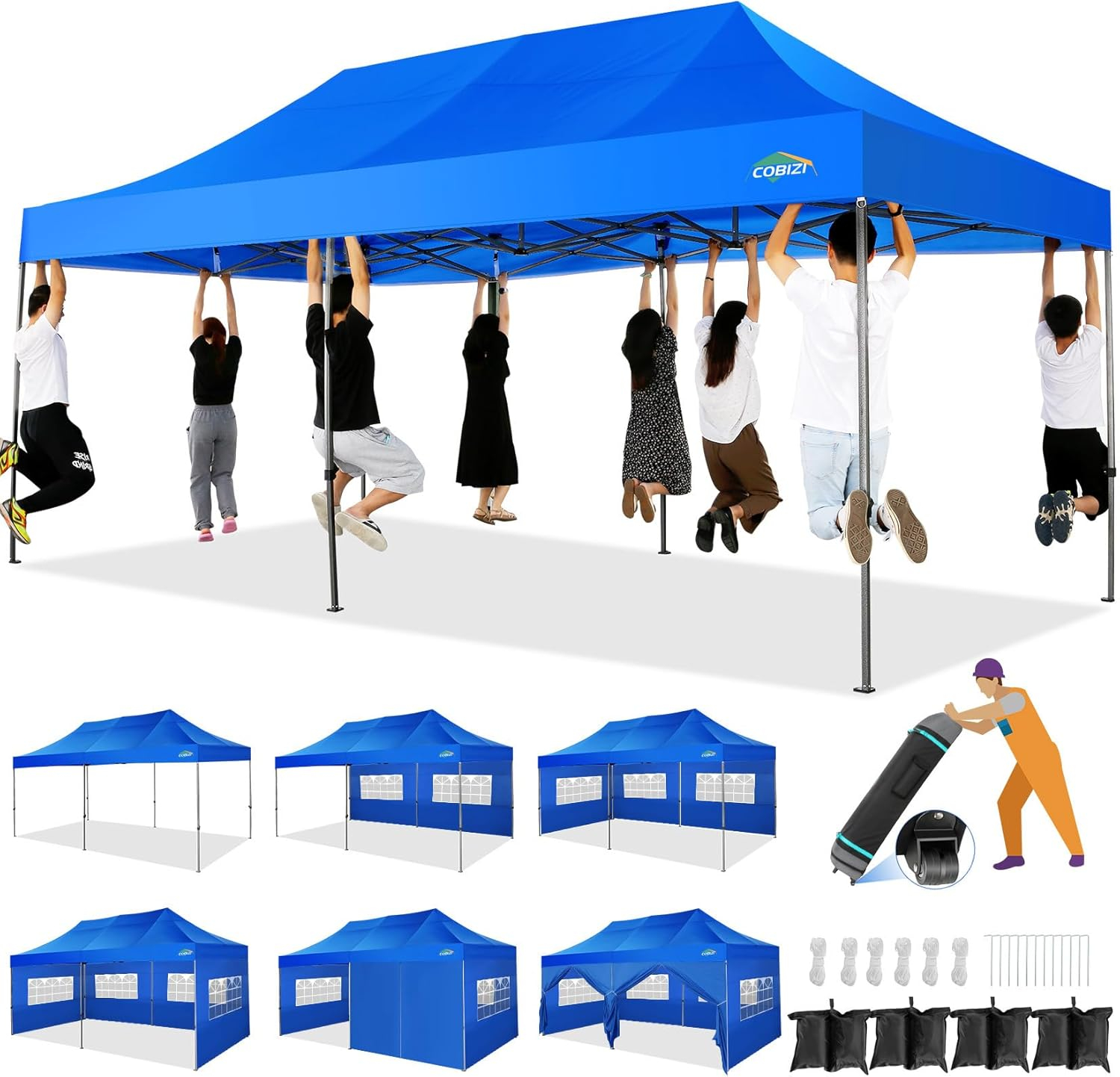 HOTEEL 10'x20' Pop Up Canopy Anti-UV Waterproof Heavy Duty Outdoor Tent Portable Party Wedding Instant Canopy Shelter All Season Tent Gazebo with 6 Removable Sidewalls, 4 Sandbags, Roller Bag, Blue