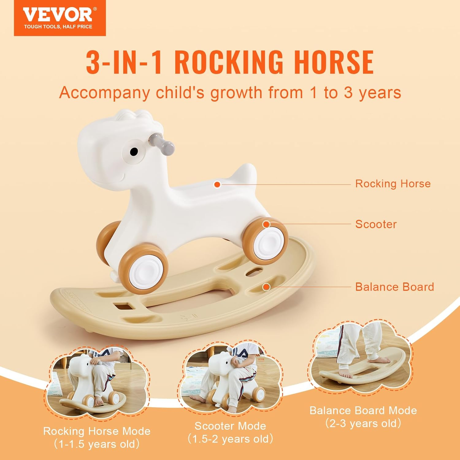 3 in 1 Rocking Horse for Toddlers 1-3 Years, Baby Rocking Horse with Detachable Balance Board and 4 Smooth Wheels, Support up to HDPE Material 80 lbs Kids Ride on Toy, 40 Swinging, White
