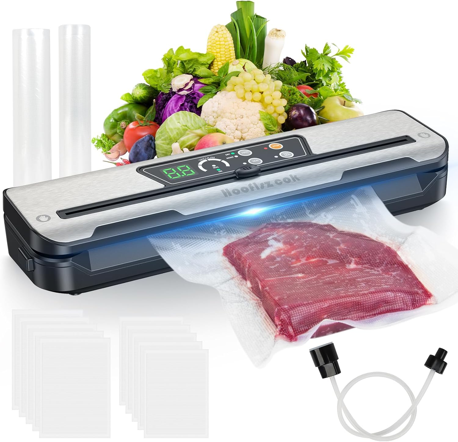 Vacuum Sealer Machine for Food, Automatic 8-In-1 Food Sealer Vacuum Sealing Saver for Liquid/Dry/Moist, Manual/External Super Strong Suction,Pulse Function,Countdown Display,Starter Kit