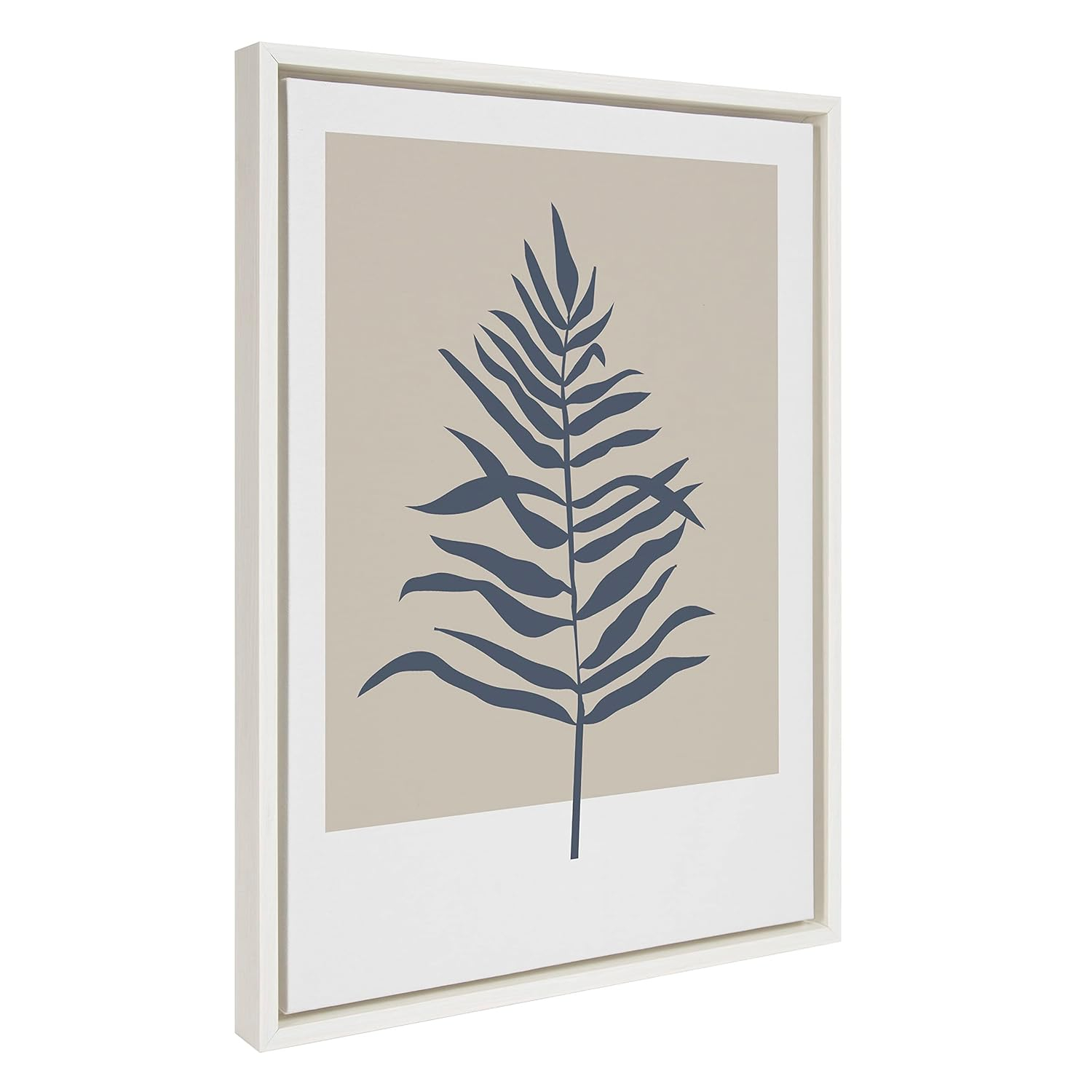 Kate and Laurel Sylvie Muted Tan and Blue Colorblock Botanical Fern Framed Canvas Wall Art by The Creative Bunch Studio, 18x24 White, Decorative Simple Plant Art for Wall