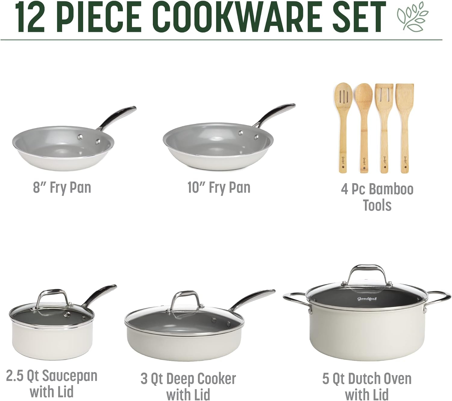 Cream 12-Piece Nonstick Aluminum Cookware Set with Glass Lids