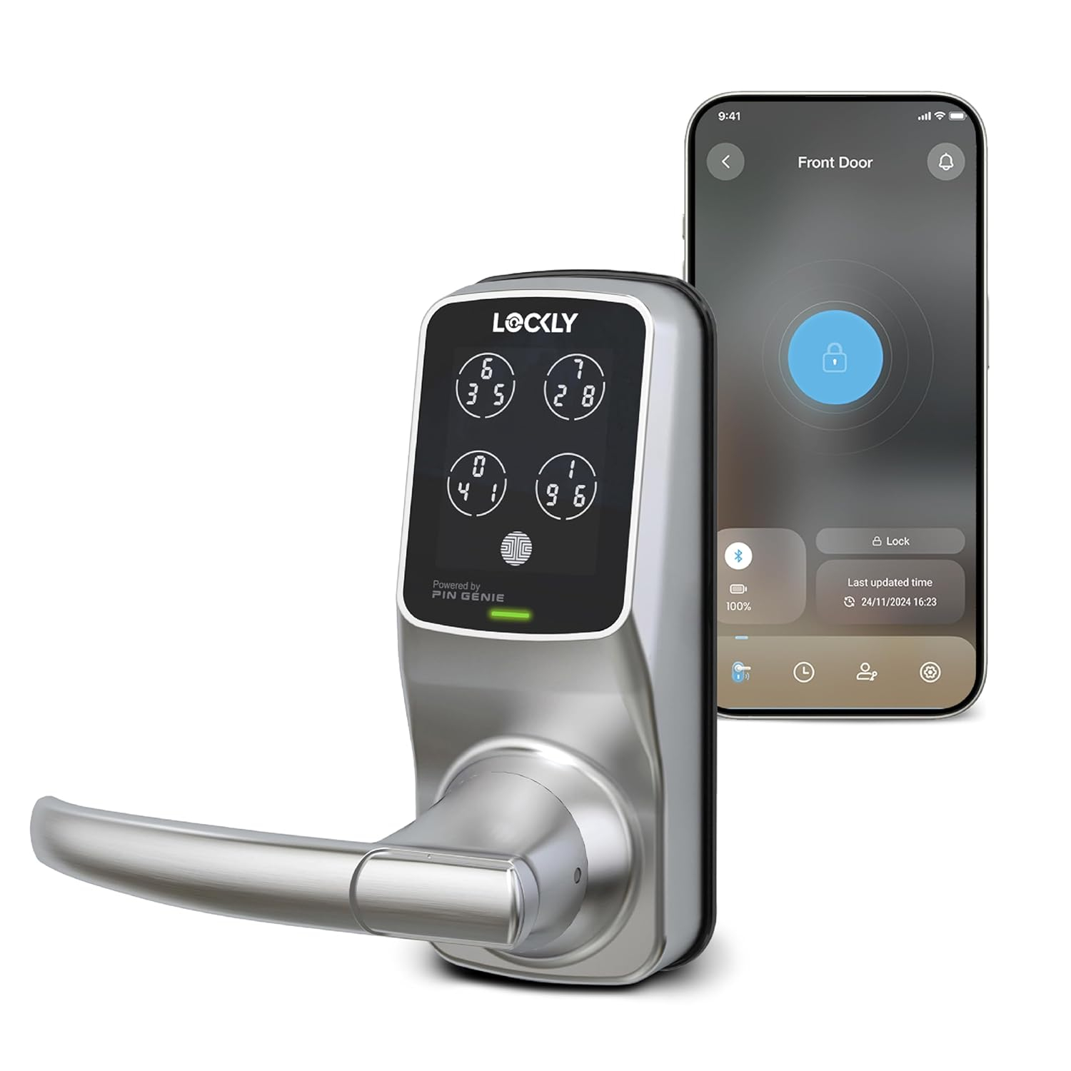 Lockly Smart Lock Model 6S, Bluetooth Smart Door Lock, Keyless Entry Door Lock, Touchscreen Keypad, App Control, eKeys and Offline Access Code, Auto Lock - Satin Nickel