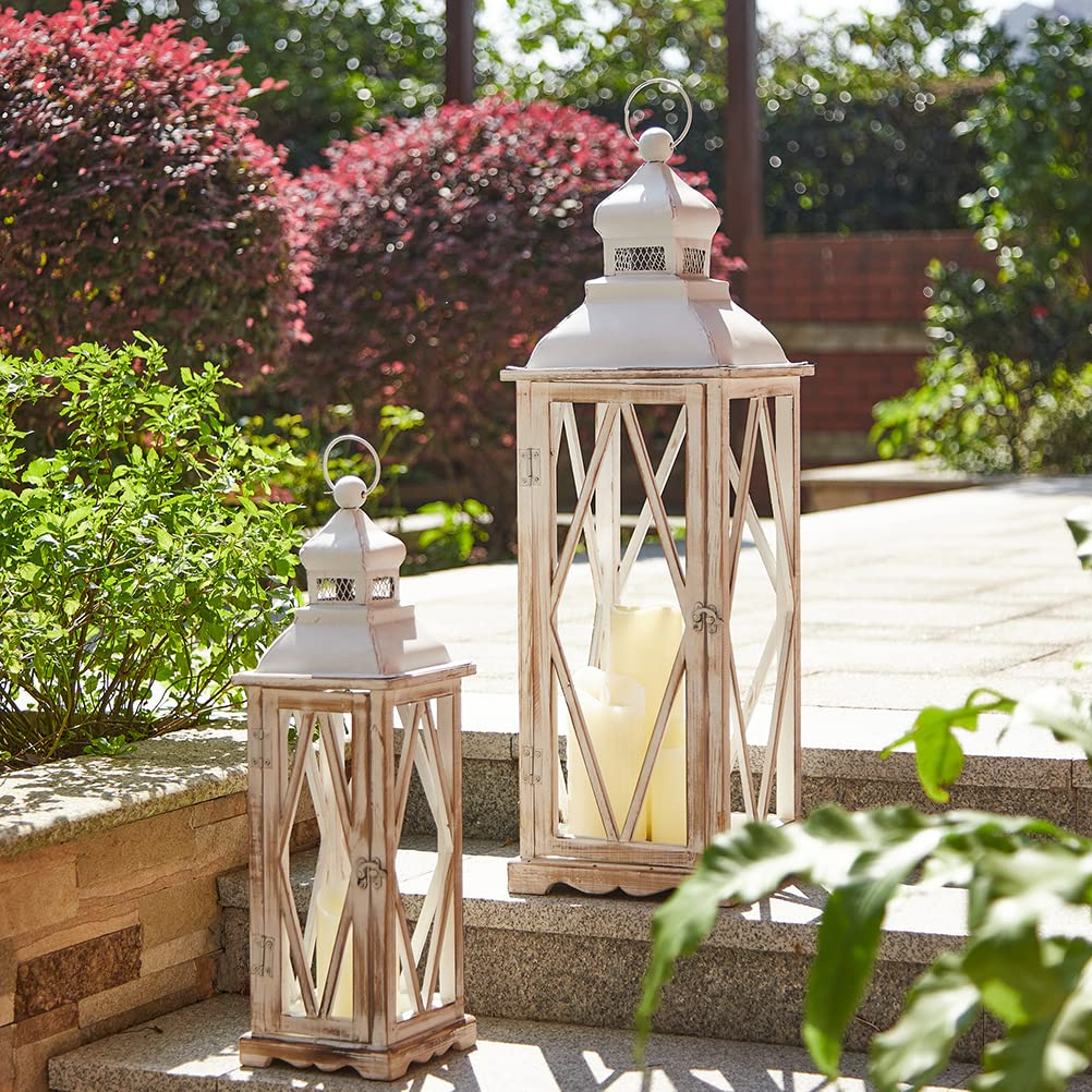 Farmhouse Wood Metal Lanterns Decorative Hanging Candle Lanterns White Set of 2 (No Glass)