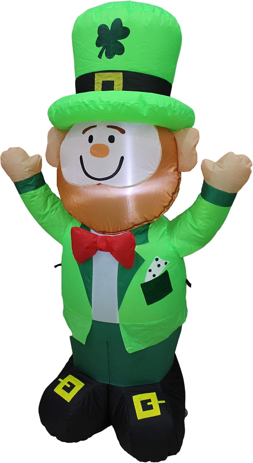 4 Foot Tall Saint Patrick's Day Inflatable Leprechaun with Green Shamrock Hat Pre-Lit LED Lights Cute Lucky Outdoor Indoor Holiday Blow up Lighted Yard Decoration