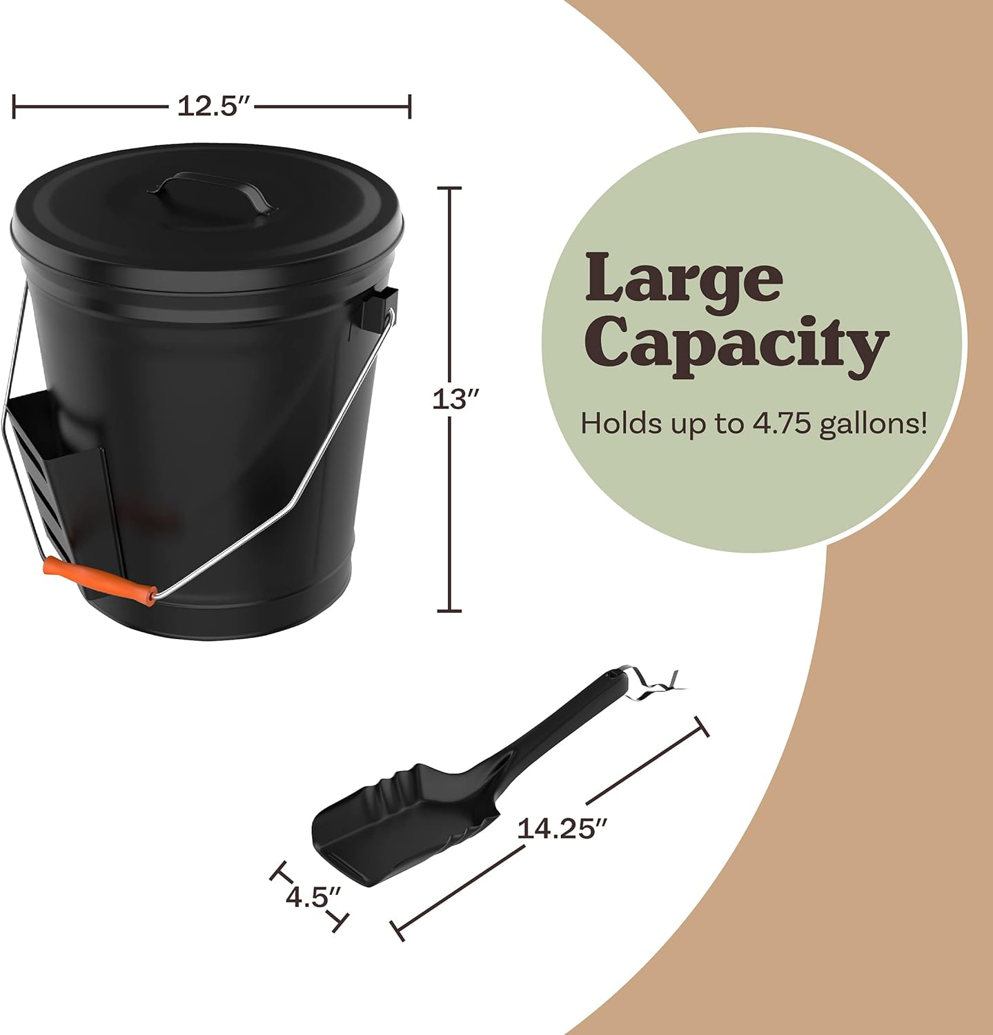 Ash Bucket - 4.75-Gallon Metal Bucket with Lid and Shovel for Fireplace or Firepit Ashes - Heat Resistant Fireplace Tools by Pure Garden (Black)