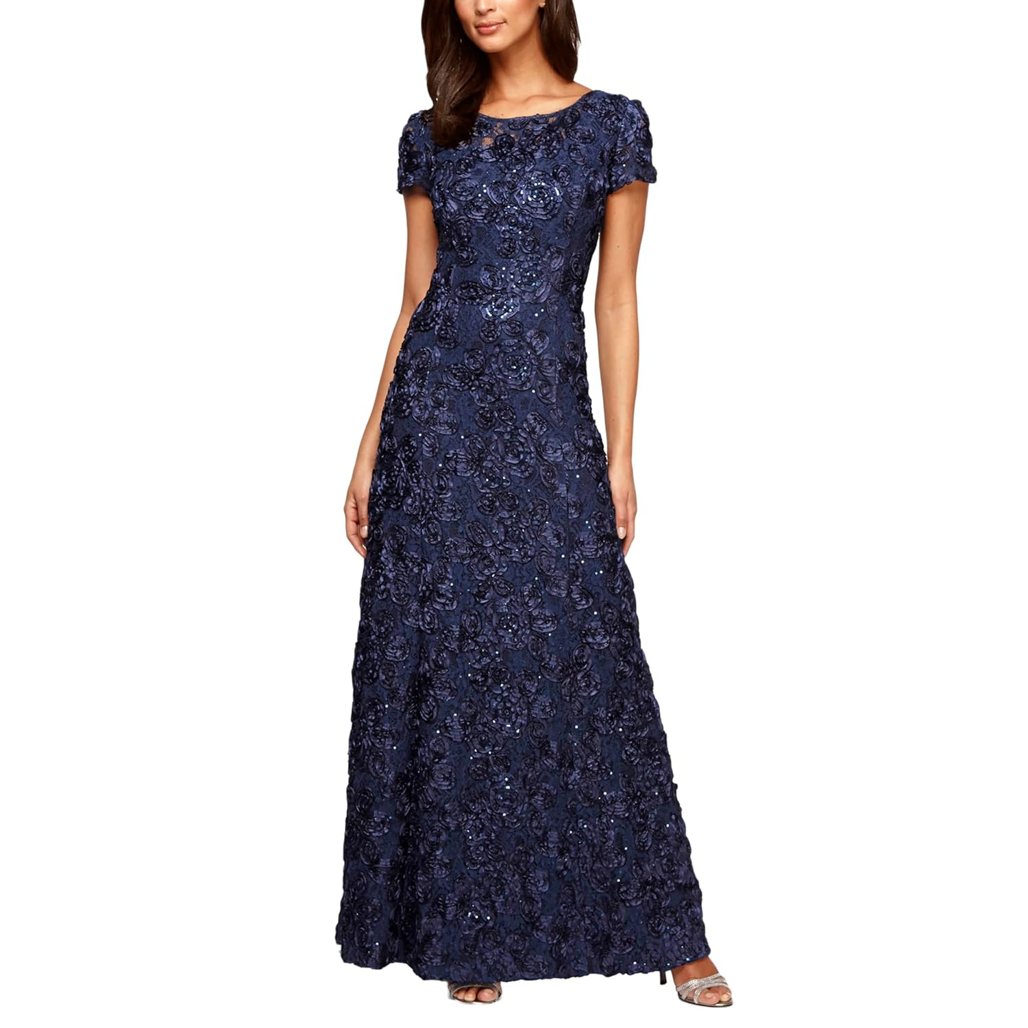 Navy Floral Lace Sequin Maxi Dress with Short Sleeves