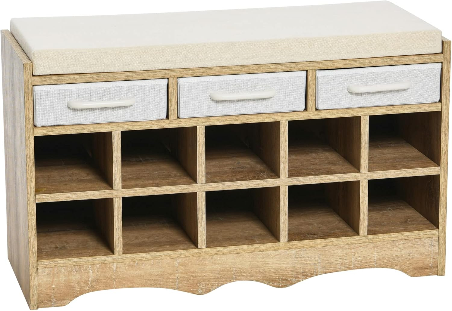 Household Essentials Entryway Storage Bench with 3 Beige Drawers 10 Shoe Compartments and Cushioned Seat in Coastal Oak Rustic Wood Grain
