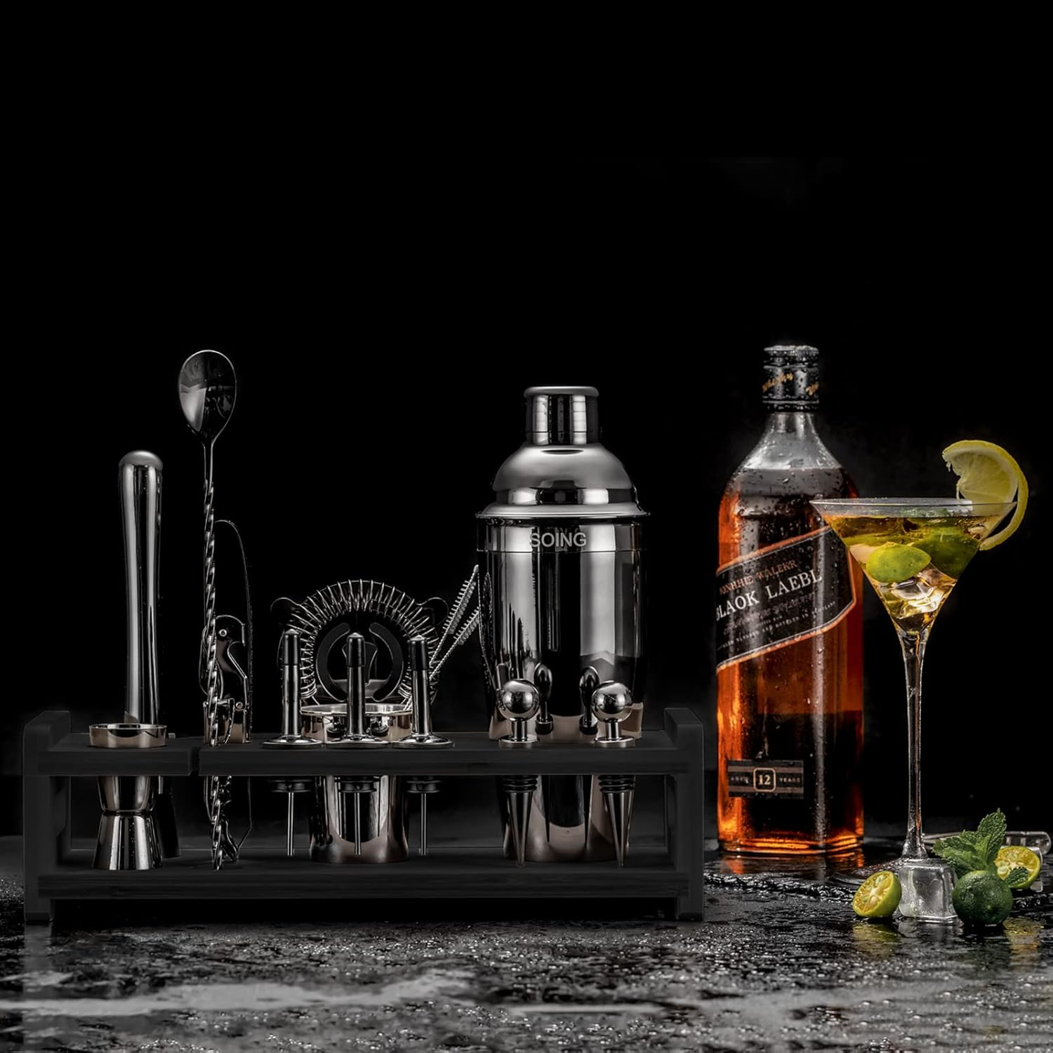24-Piece Black Stainless Steel Bartender Kit with Stand