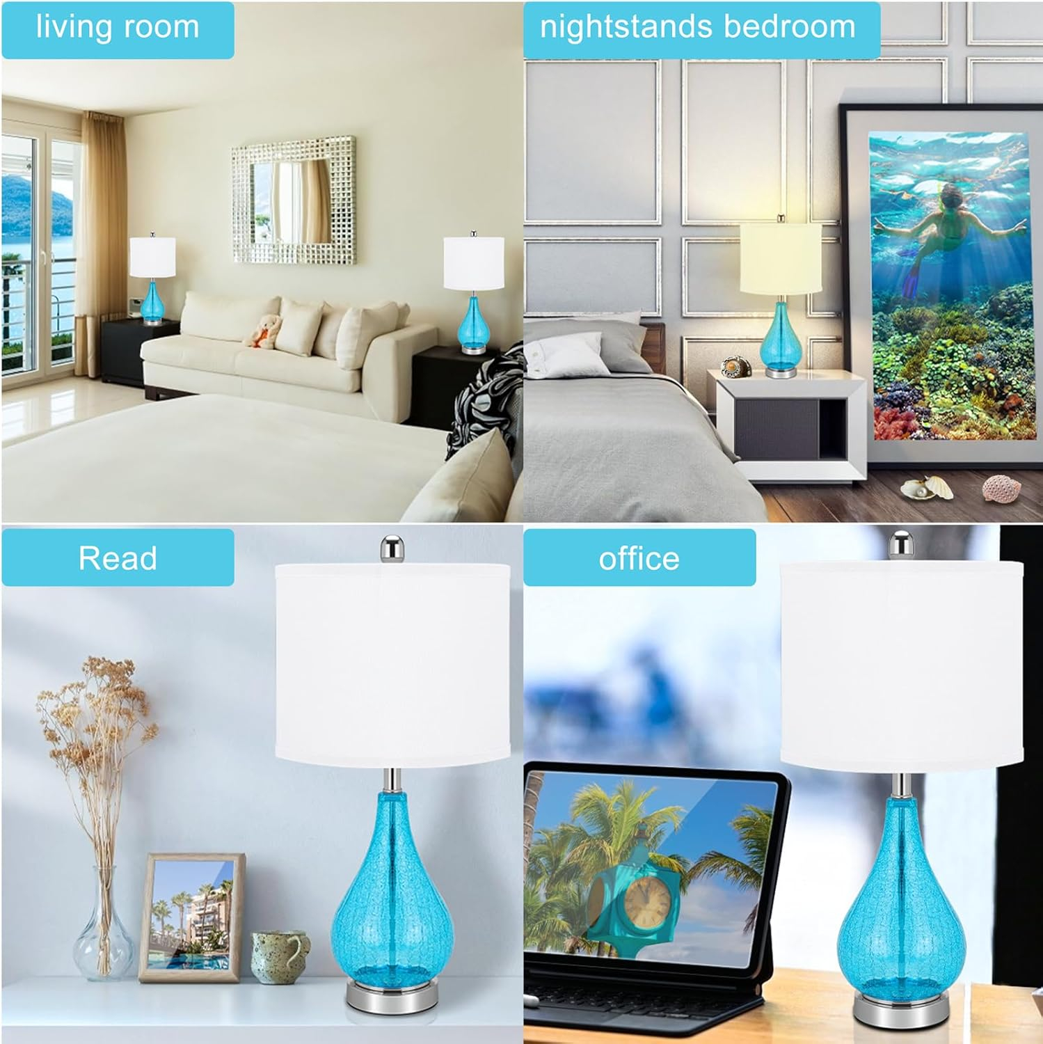 Glass Table Lamps Set of 2, Modern 23.5” Blue Cracked Glass Bedside Lamps, for Bedroom Living Room Home Office Desk Nightstand Table Lamp