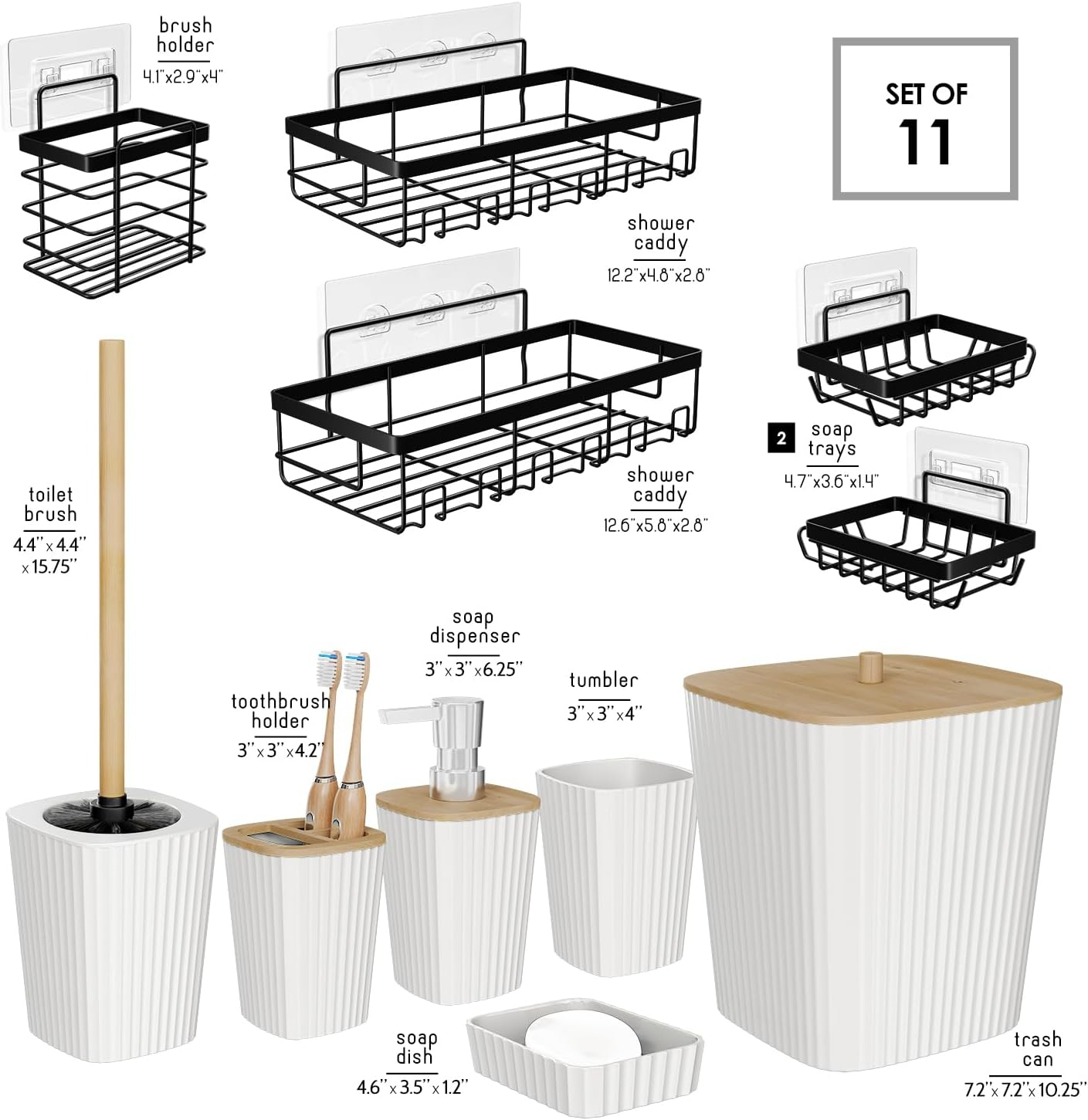 Clara Clark Bathroom Set - White Bathroom Accessories Set, 6PC Bathroom Accessory Set, Bathroom Sets with Adhesive Corner Shower Caddy Hanging, Toilet Brush, Trash Can & Soap Dispenser