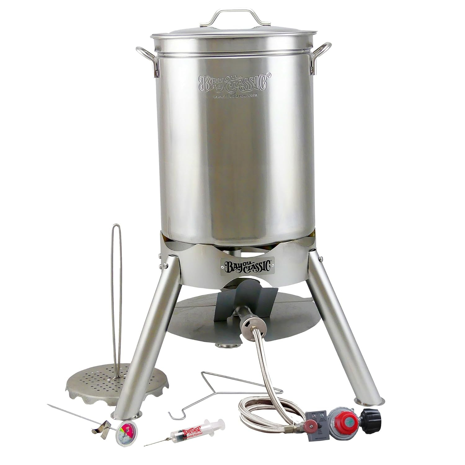 Bayou Classic 200-440 Turkey Fryer Kit, 58,000 Btu, Propane, Stainless Steel, Silver