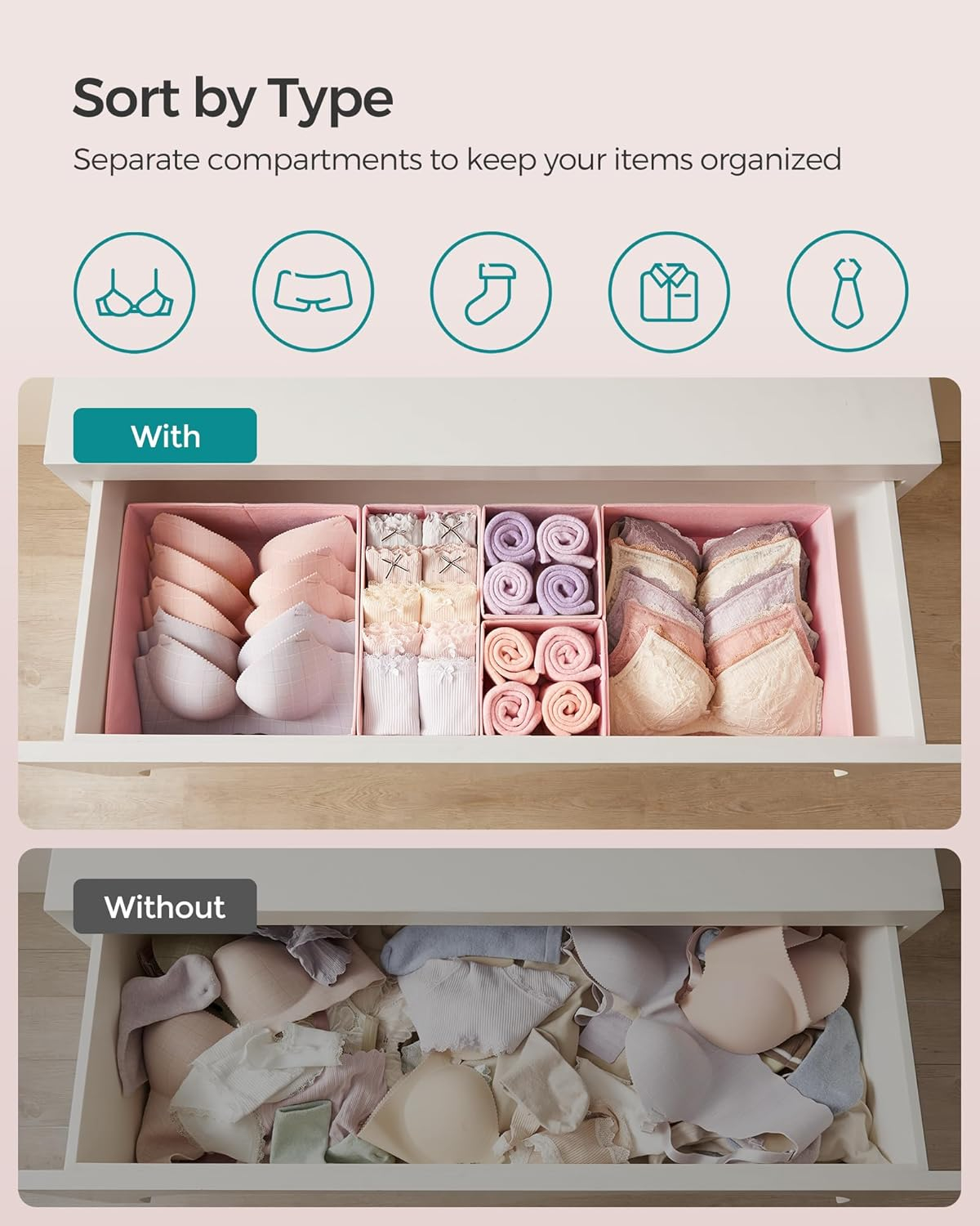 SONGMICS Drawer Organizer, Dresser Drawer Organizers, Set of 12, Foldable Fabric Storage Bins for Socks, Underwear, Bras, Ties, Scarves, Jelly Pink URDZ006R01