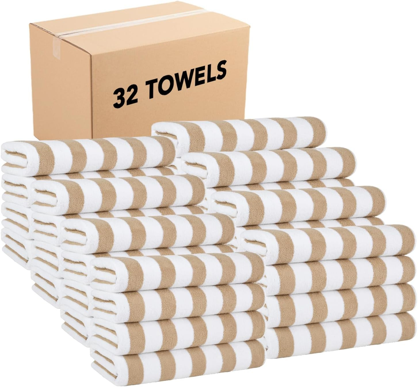 Arkwright Cali Cabana Stripe Beach Towel - Bulk Case of 32 - Soft 100% Cotton Lightweight Quick Dry Terry Towels Set for Pool, Swim, and Hot Tub, 30 x 60 in, Beige
