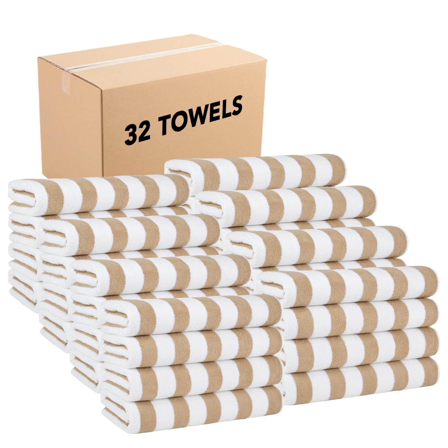Arkwright Cali Cabana Stripe Beach Towel - Bulk Case of 32 - Soft 100% Cotton Lightweight Quick Dry Terry Towels Set for Pool, Swim, and Hot Tub, 30 x 60 in, Beige