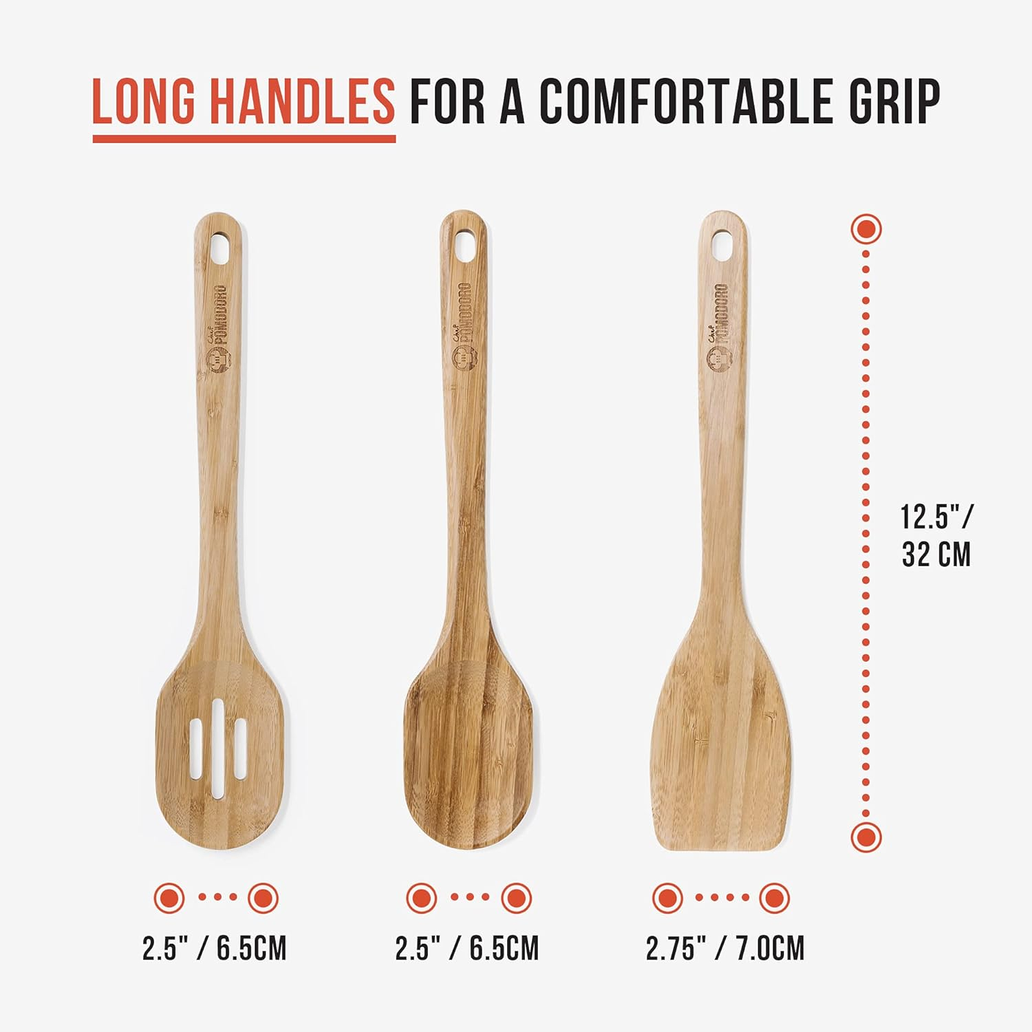 Chef Pomodoro Wooden Cooking Utensils 3-Pc Set, Bamboo, Large 12.5", Frying Set