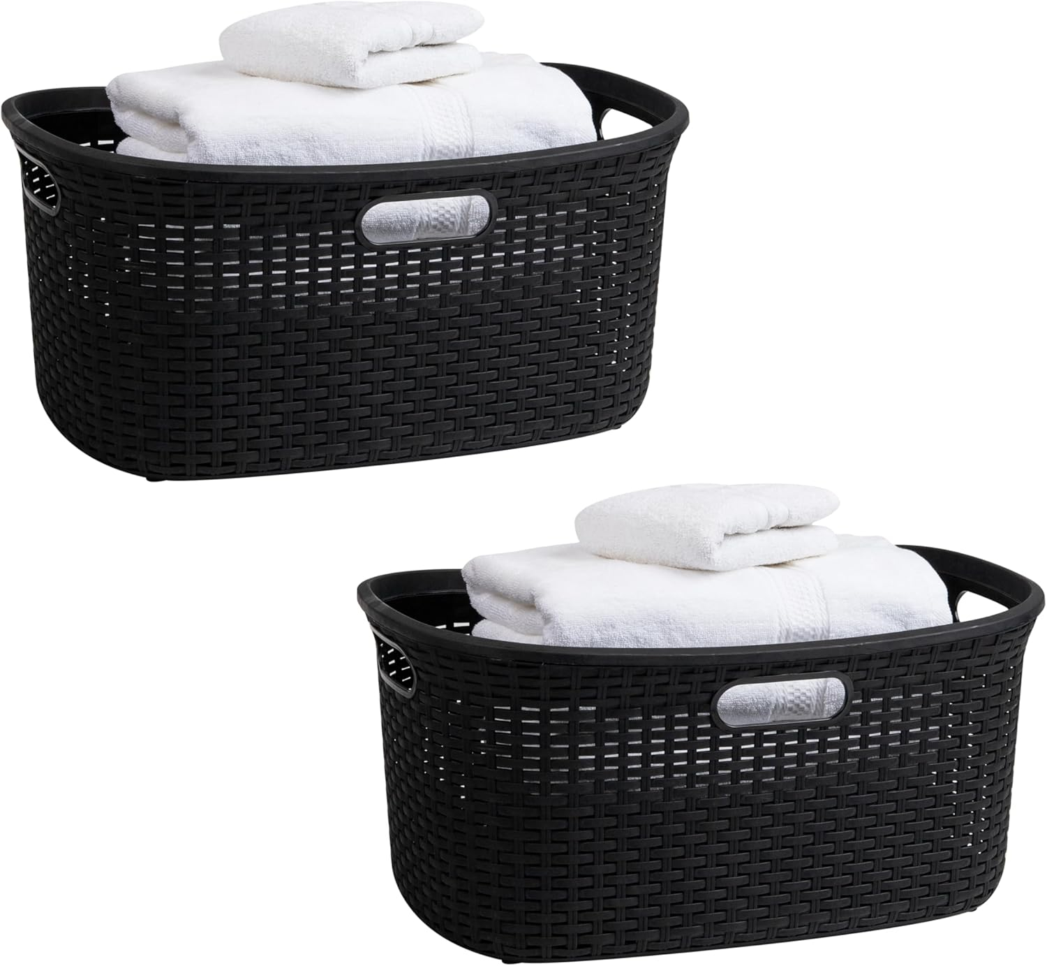 Mind Reader 40L Laundry Basket, Clothes Hamper, Lid, Wicker Design, Plastic, Set of 2, Black