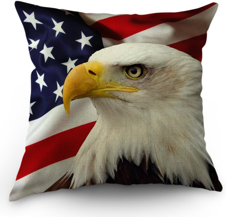 Patriotic Eagle and American Flag Cotton Linen Throw Pillow