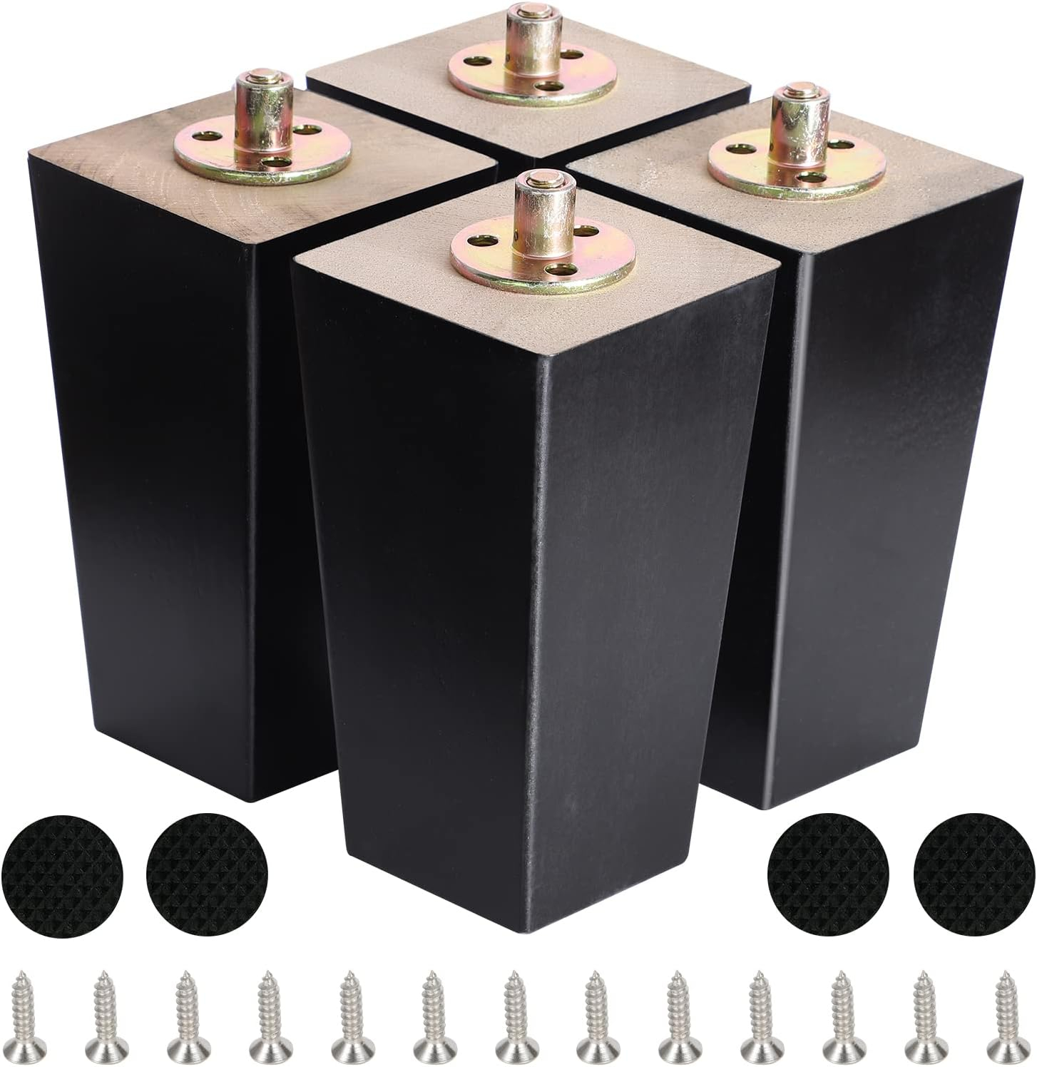 6 Inch Wood Furniture Legs, Wooden Couch Sofa Leg Feet Set of 4, Mid-Century Modern Black Square Replacement Legs for Sectional Nightstand Armchair Recliner Table Dresser Sideboard