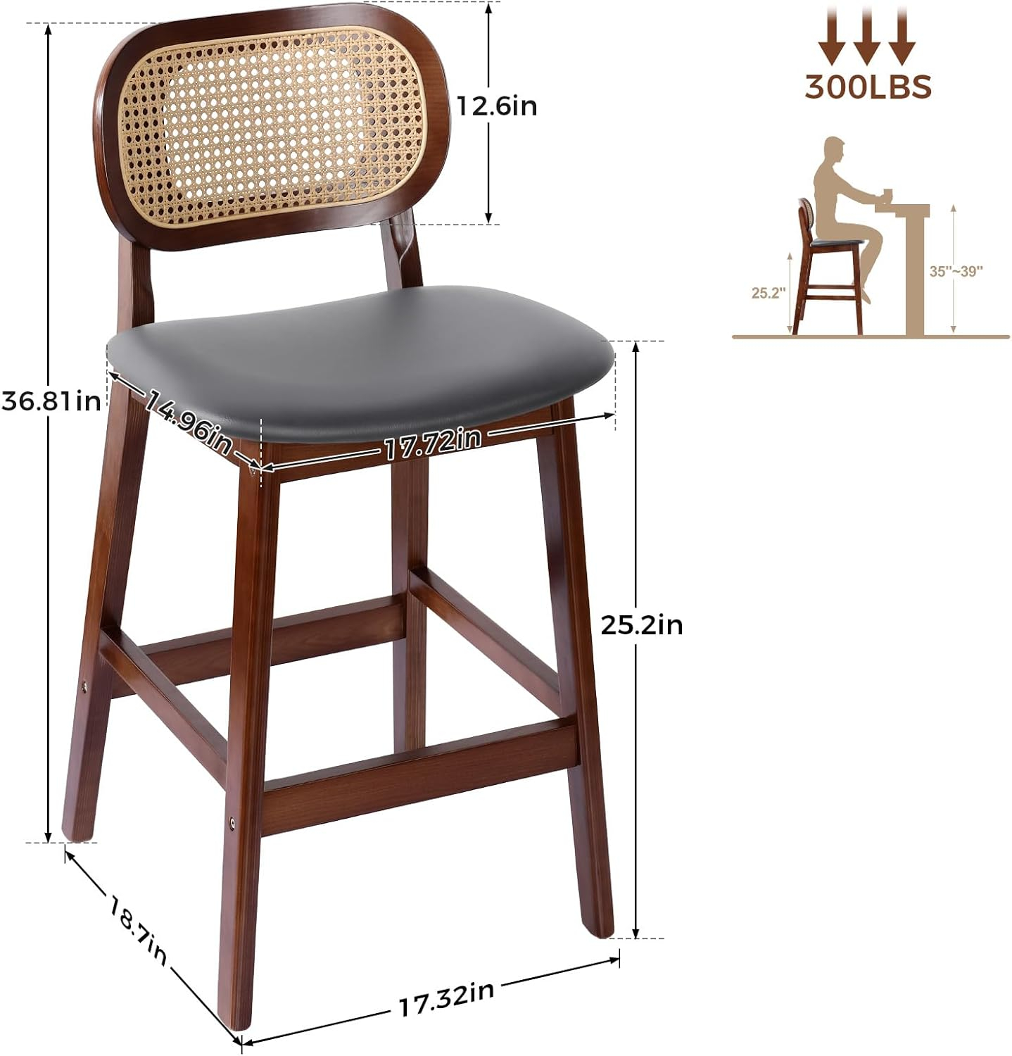 Lucky Monet 25.2" Upholstered Wood Counter Height Bar Stools w/ Rattan Back - 36.81"H x 17.72"W x 18.7"D Set of 3 - White Boucle Fabric/ Natural Frame