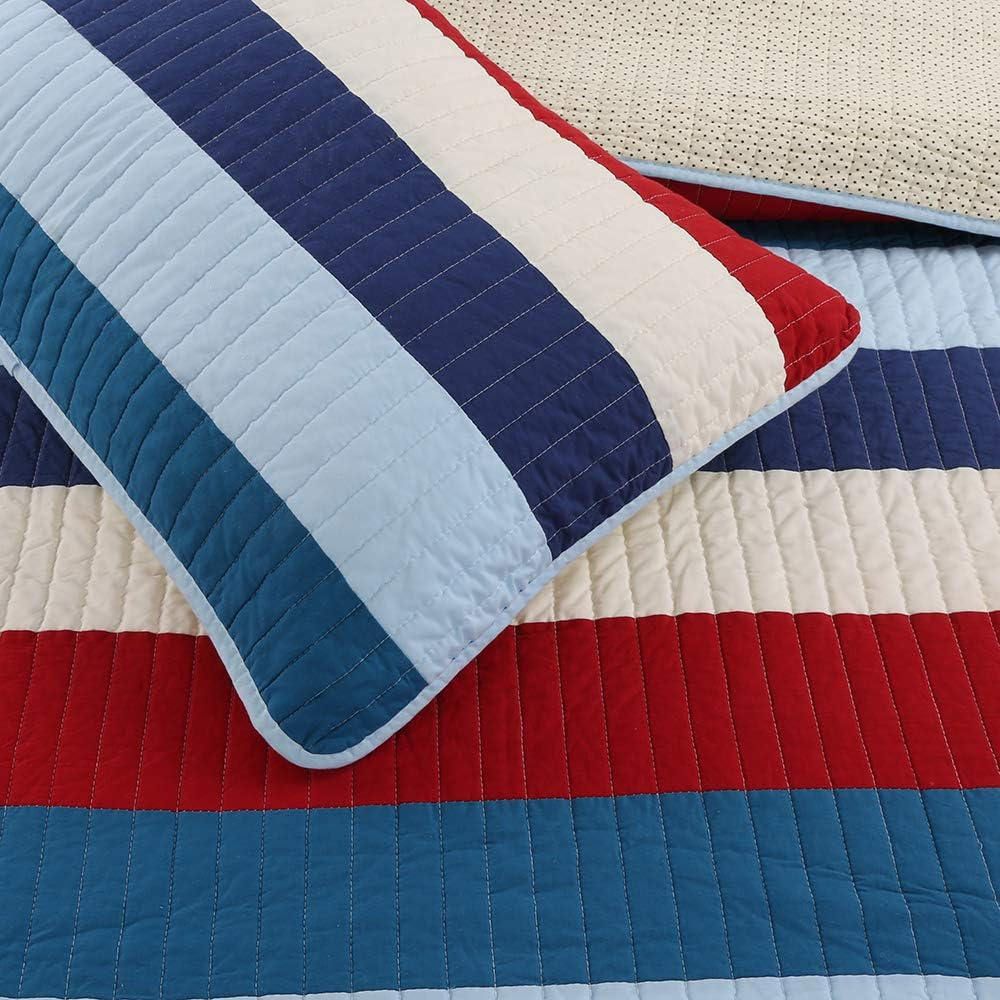 Cozy Line Home Fashions Cozy Line Ressler Stripe Reversible Cotton Quilt Bedding Set - Blue/Ivory/Red Twin 2 Piece