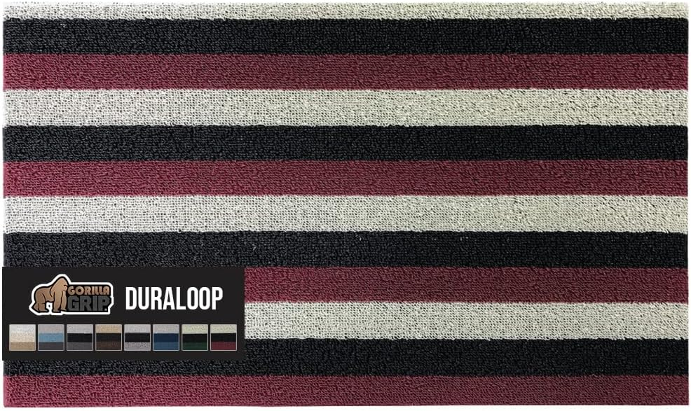 GORILLA GRIP Striped Doormat, Thick Bristle Door Mat Catches Dirt from Shoes, 24x16, Burgundy Black Cream
