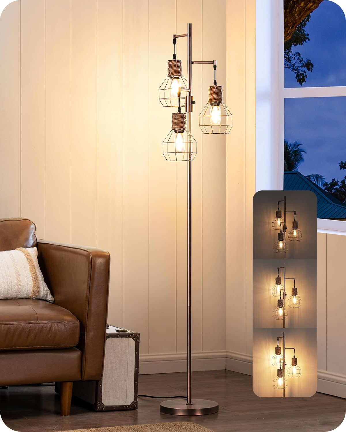 EDISHINE Dimmable Rustic Floor Lamp, Farmhouse Standing Lamp with 3 LED Edison Bulbs, Rattan Design Floor Lamps for Living Room, Bedroom, Reading Corner, Office, Electroplated Brushed Red Copper