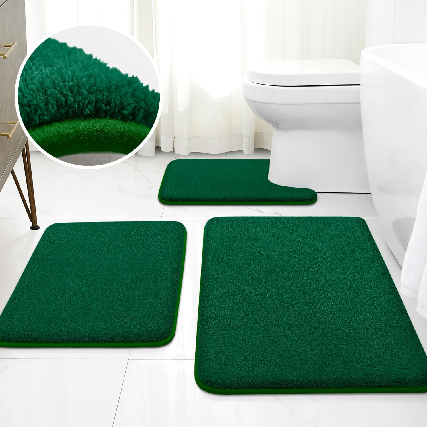 HOMEIDEAS Upgraded Bathroom Rugs Set 3 Piece, Extra Thick Absorbent Soft Memory Foam, Washable Toilet Bath Mat (Dark Green,17"x24"+20"x32"+U Shape 20"x24")