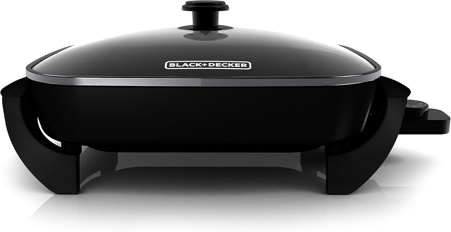 Black and Silver 12" x 15" Nonstick Electric Skillet with Tempered Glass Lid