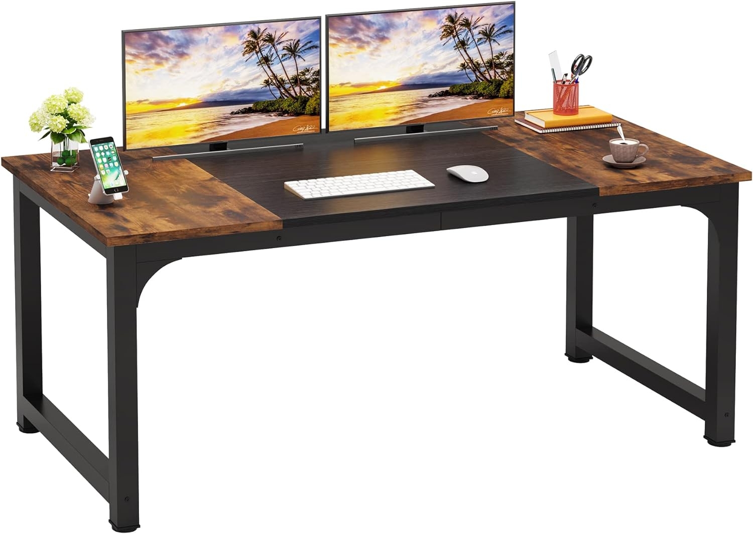 LITTLE TREE 63 Inch Large Executive Computer Office Desk, Brown+Black