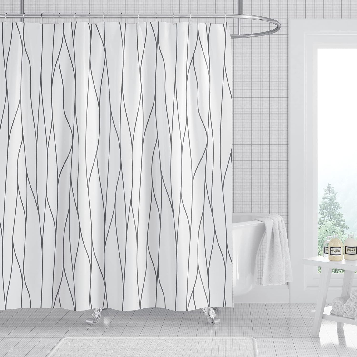 Black and White Fabric Shower Curtain for Bathroom with 12 Hooks, Nature Forest Tree Mountain Bath Shower Curtain Set for Hotel Home Men Women - 72 x 72 Inch
