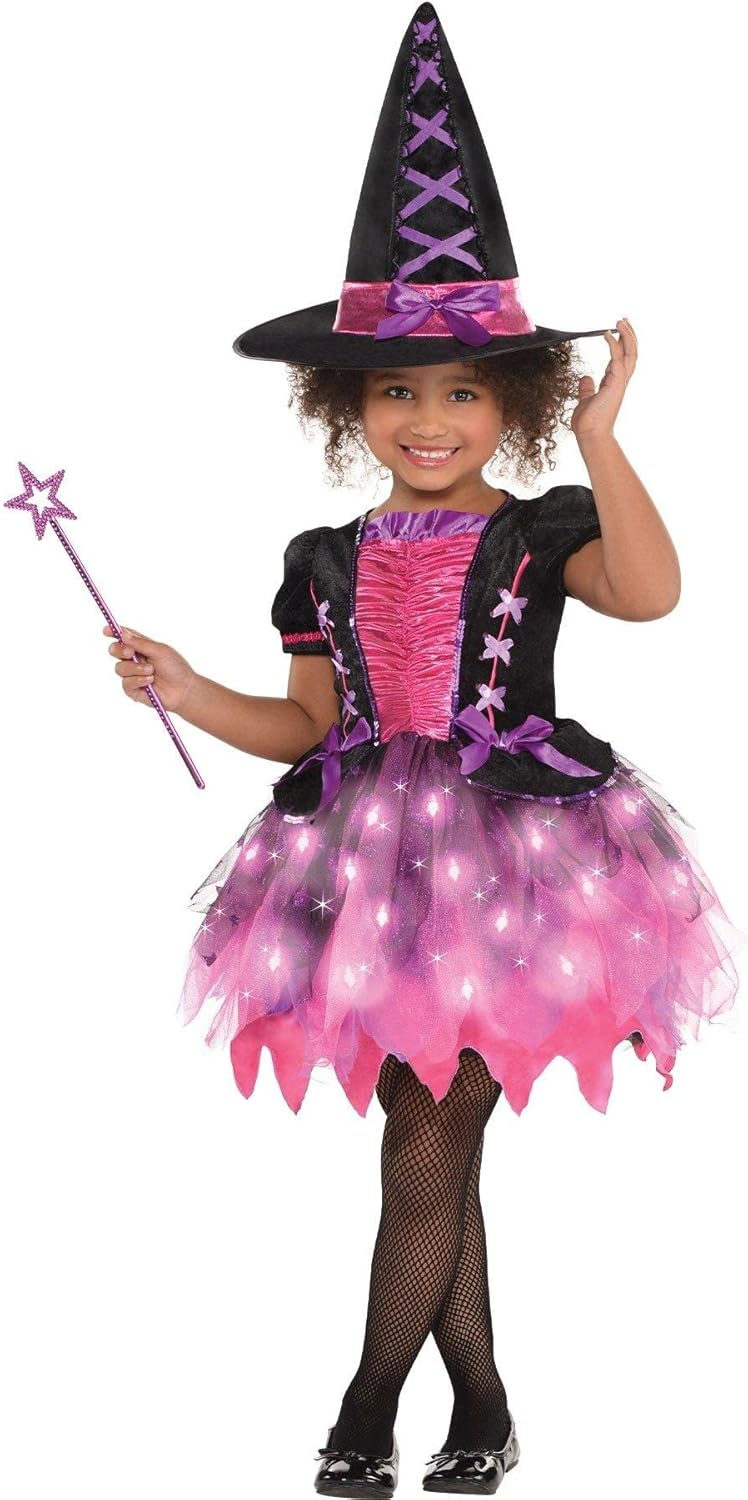 Amscan Light Up Sparkle Witch Girl's Halloween Fancy-Dress Costume with Wand including Hat, M (8-10)