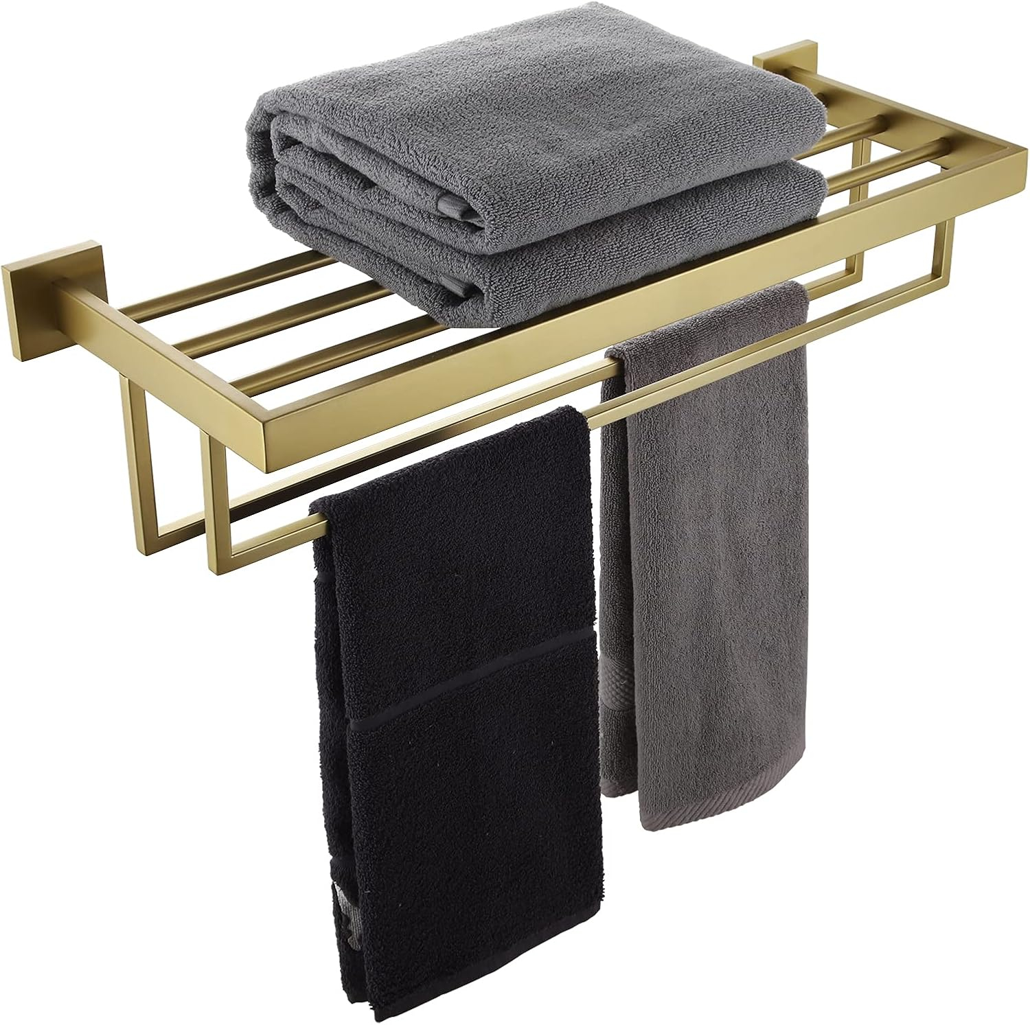 KOKOSIRI Towel Shelf Holder 24'' Bathroom Towel Rack with Two Bath Towel Bars Rails SUS304 Stainless Steel Wall Mount, Brushed Gold, B6003BG