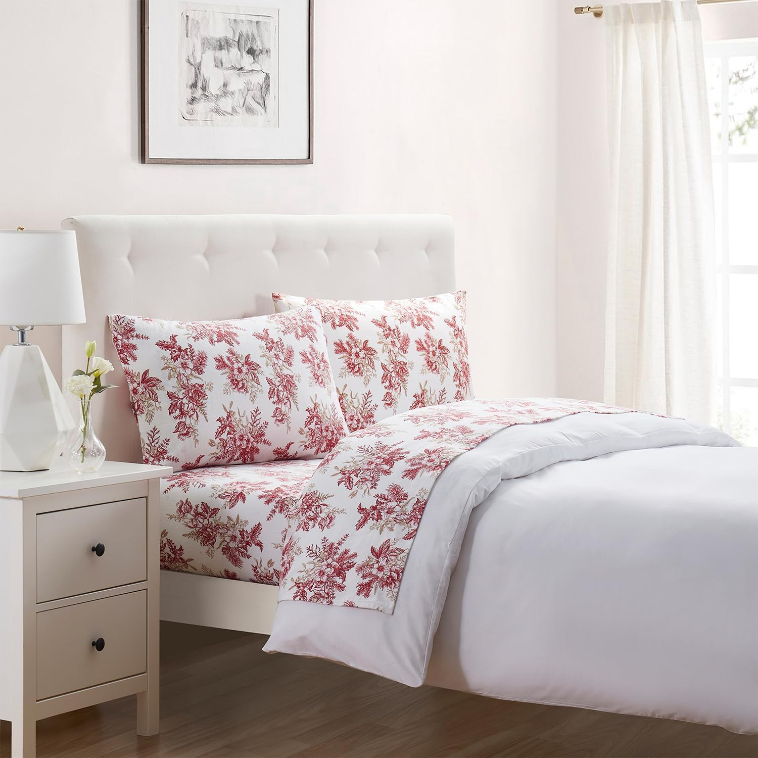 Queen Red and White Cotton Flannel Floral Sheet Set
