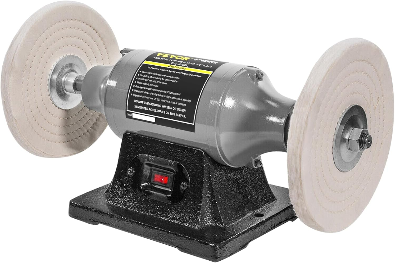 VEVOR Bench Buffer Polisher, 1/2HP Polishing Buffing Machine, 0 to 8000RPM Benchtop Polisher Grinder with 4" Cloth Wheel, 3" Grinding Wheel & 3" Fiber Wheel for Metal, Jewelry, Wood and Plastic