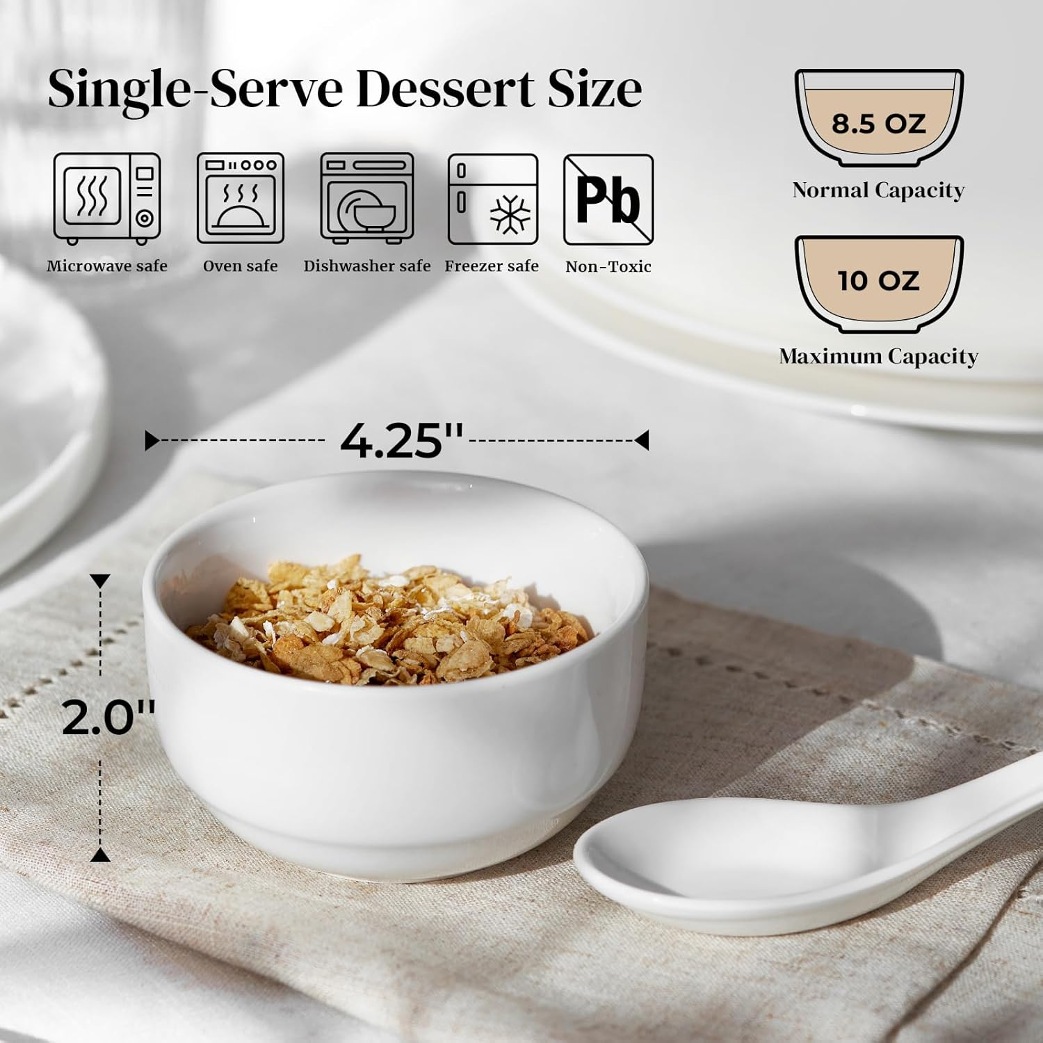 DOWAN 10 OZ Ice Cream Bowls - 4.25" Ceramic Dessert Bowl Set of 6 - Porcelain Small Bowls, Bouillon Cups for Side Dishes, Ice Cream, Oatmeal, Fruit, Portion Control - Dishwasher Microwave Safe