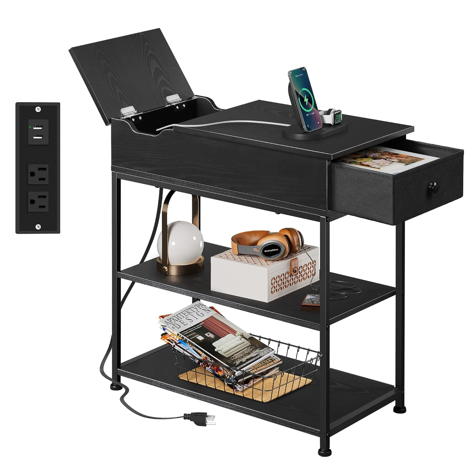 Narrow Side Table with 2 USB Ports and 2 Outlets, Flip Top End Table with Drawer and Storage Shelves, End Stand with Charging Station for Living Room, Bedroom, Small Spaces,Black