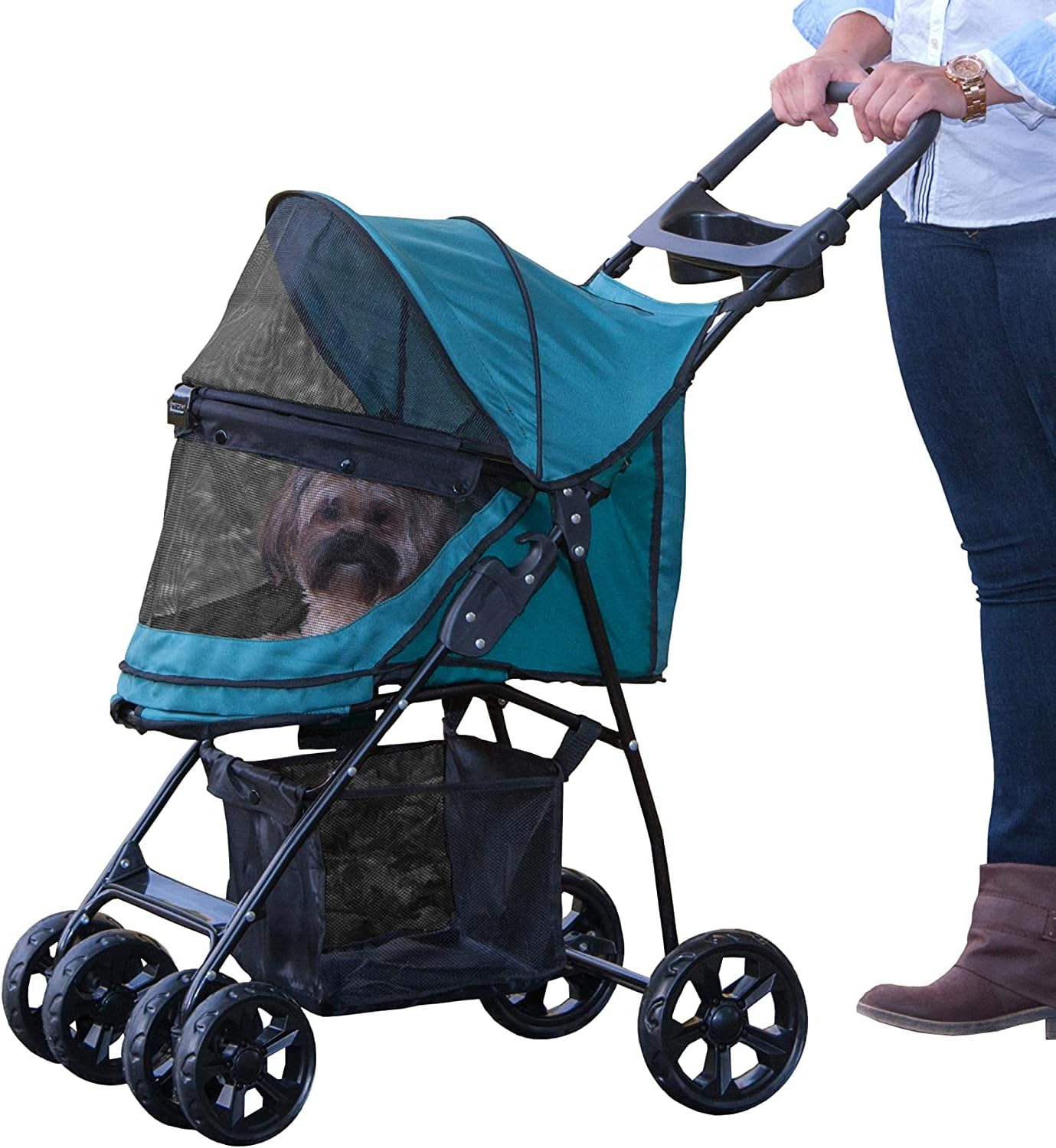 Pet Gear No-Zip Happy Trails Lite Pet Stroller for Cats/Dogs, Zipperless Entry, Easy Fold with Removable Liner, Safety Tether, Storage Basket + Cup Holder, 3 Colors