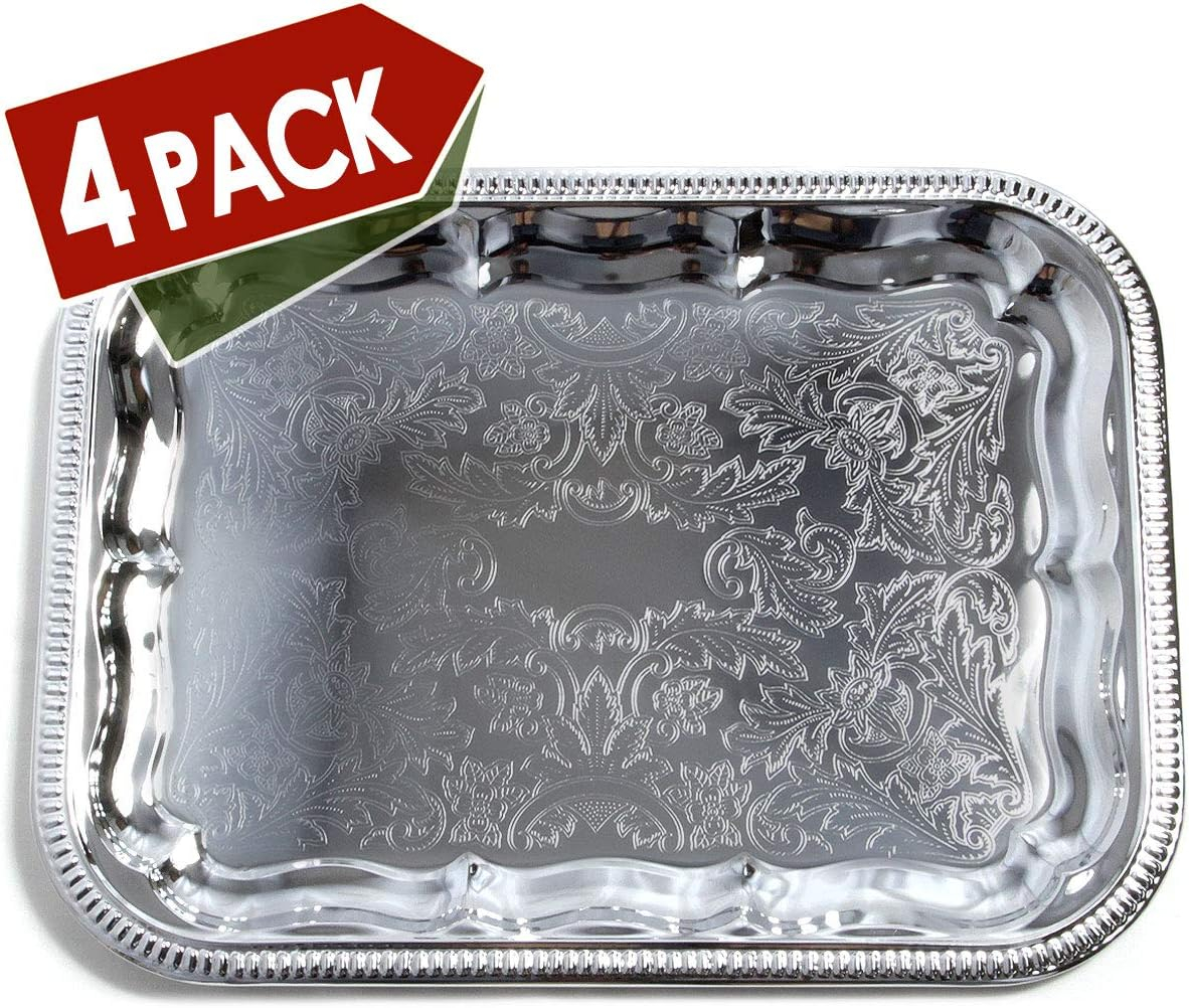 (Pack of 4 16.1-Inch x 12.2-Inch Oblong Rectangular Trim Victoria Floral Engraved Catering Chrome Plated Serving Plate Mirror Food Candle Deco Art Tray Platter Party(Medium) T227-4pk