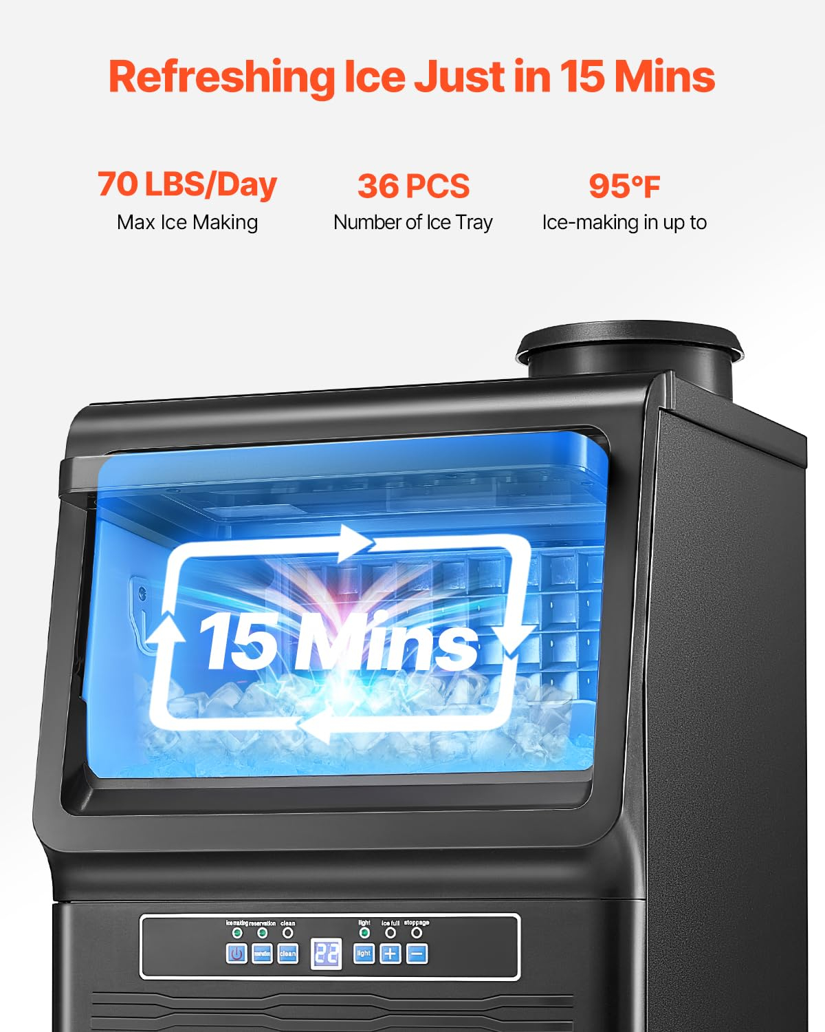 VEVOR Commercial Ice Maker Machine with 2 Water Inlets, 70lbs/24H Ice Maker Machine with 12lbs Storage Capacity, 36 Ice Cubes in 15 Minutes, LED Digital Display Self-Cleaning for Bar Office Restaurant