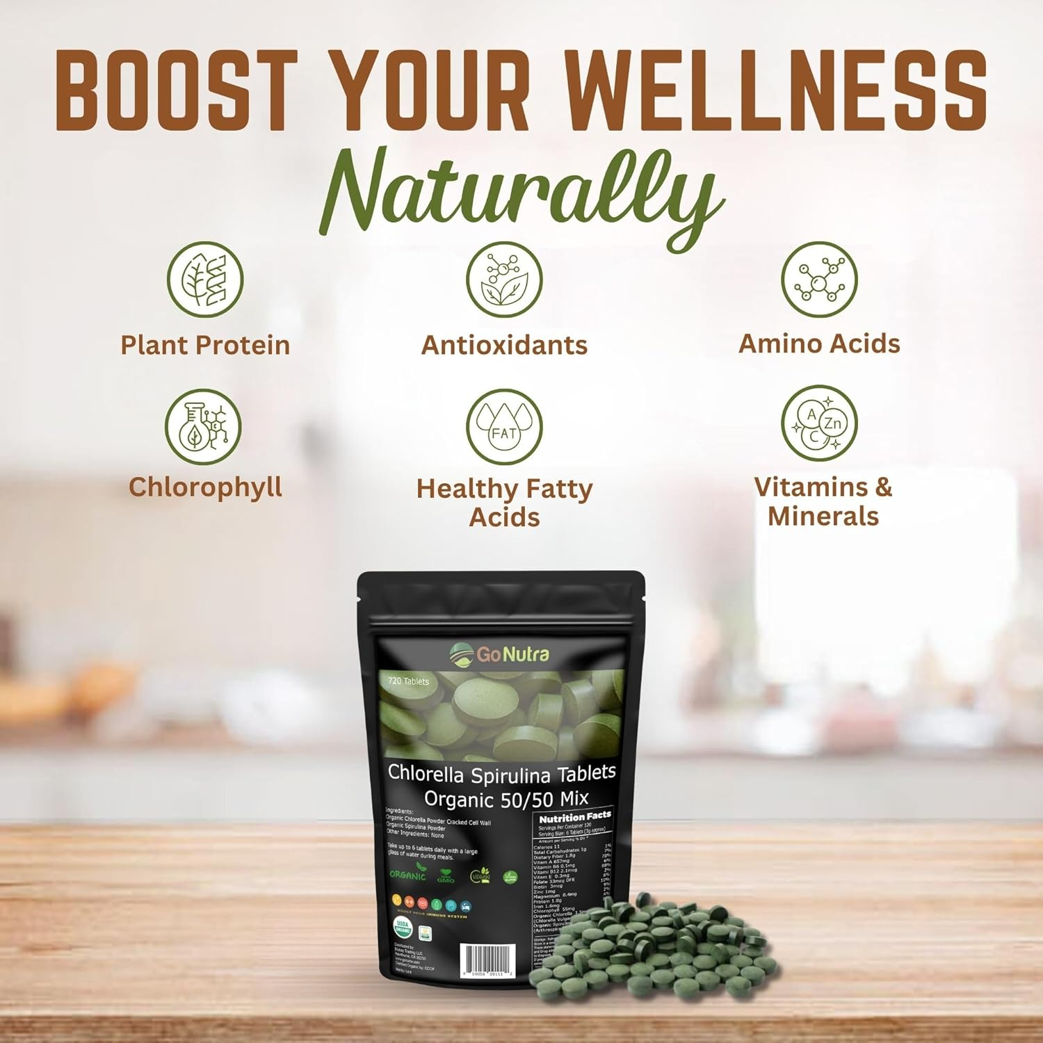 Go Nutra Organic Chlorella & Spirulina Tablets, 50/50 Blend, 500mg Each, 720 Count, 4 Months Supply, Superfood Rich in Vegan Protein Chlorophyll | Spirulina Chlorella Tablets Organic