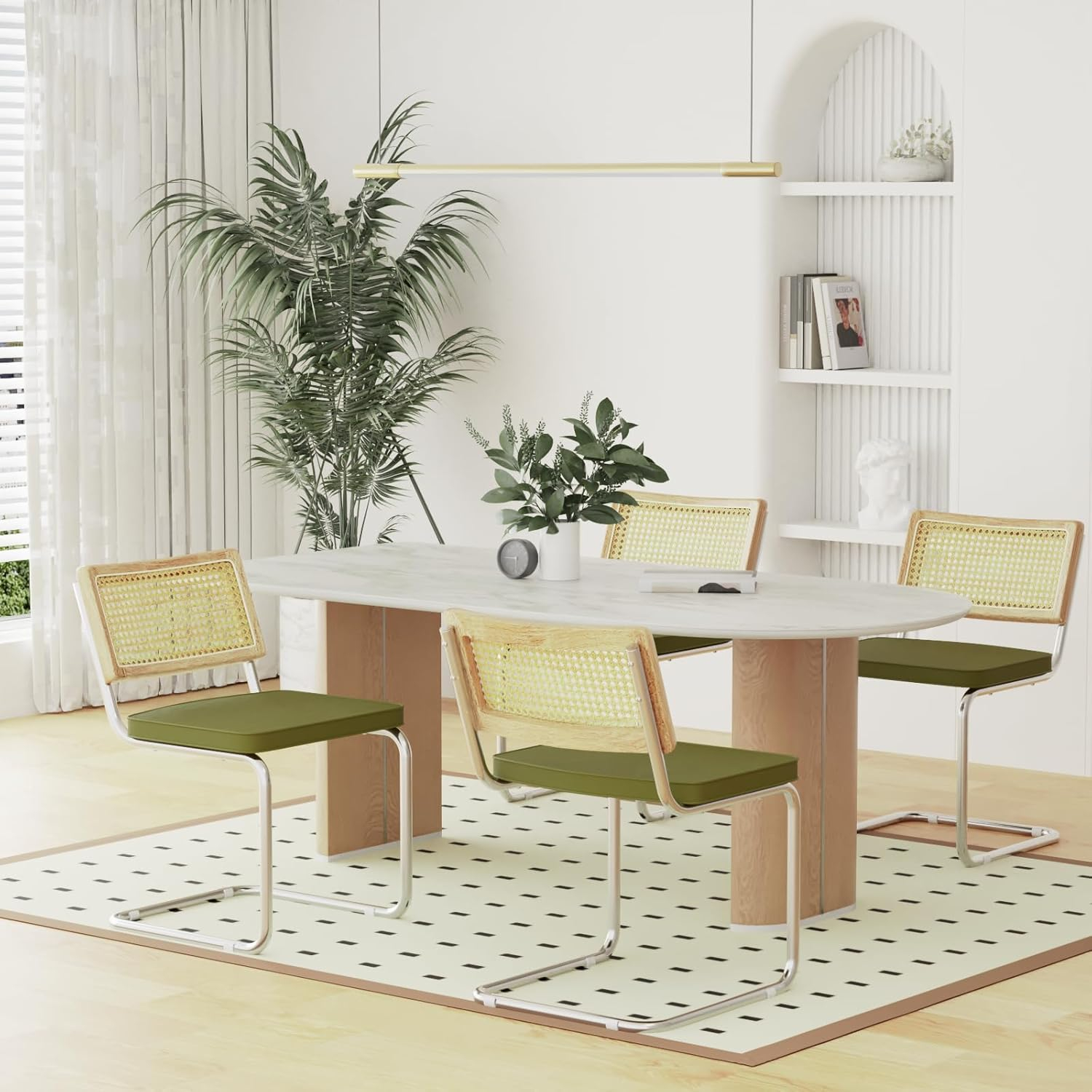 Set of 2, -Century Modern Rattan Backrest Dining Chair - Natural Wood Upholstered Seat with Metal Legs for Home Dining Room Kitchen - Olive Green