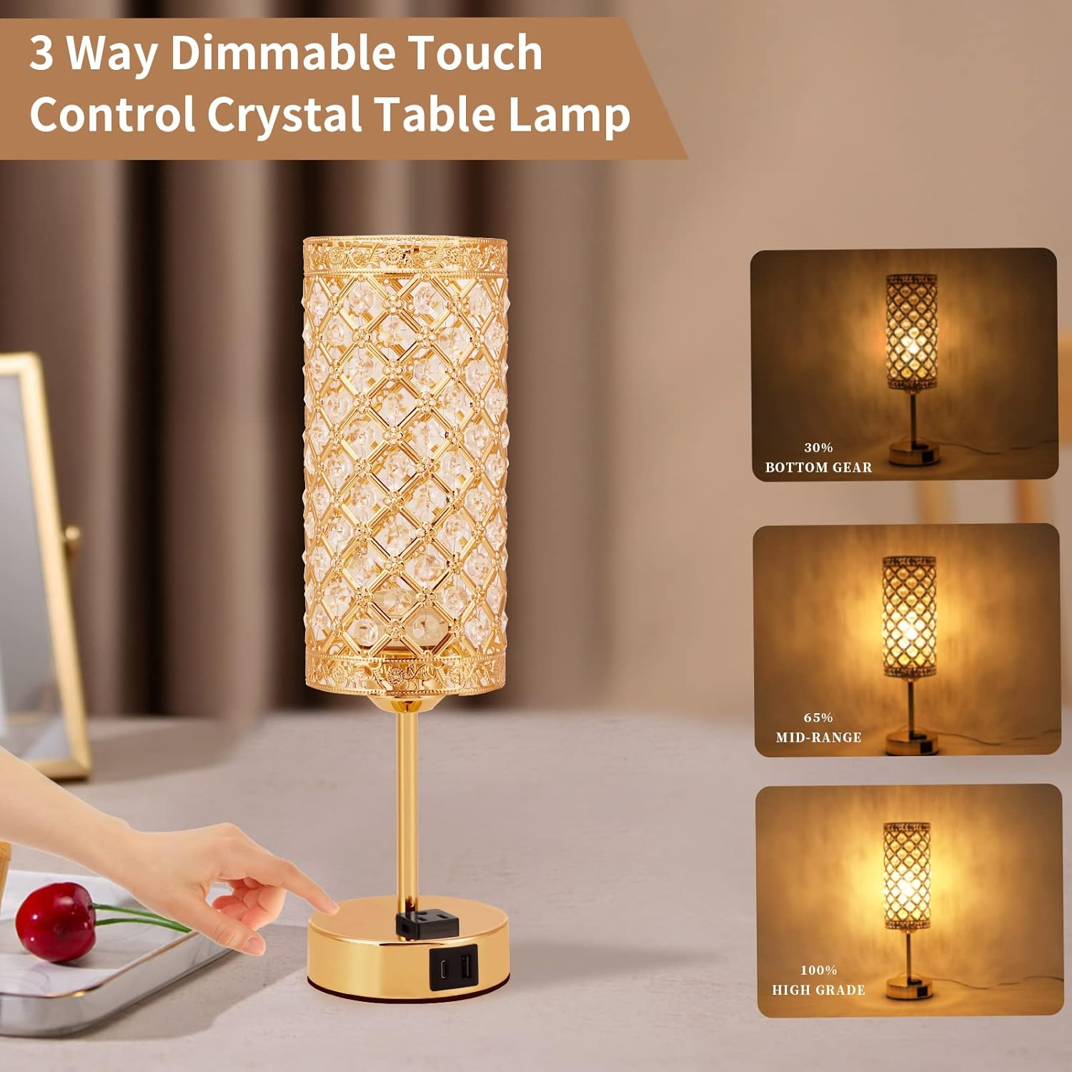 USB Crystal Table Lamp, Gold Table Lamp USB A+C Charging Ports&Multiple Outlet,3 Way Dimmable Bedside Lamp Decorative Modern Nightstand Lamp with Bulb for Living Room Bedroom Sofa Table