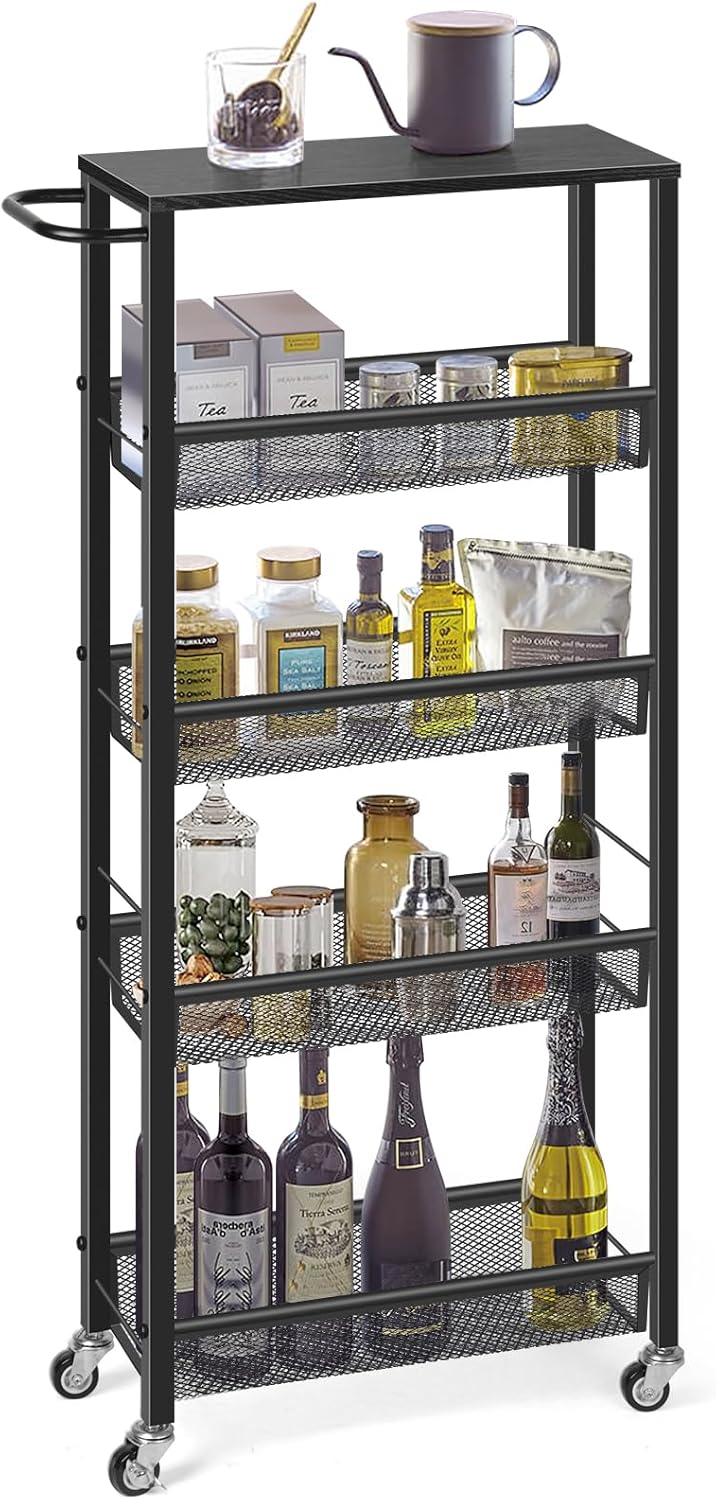 NANANARDOSO 4 Tier Slim Storage Cart, Shelving Unit for Small Space, Rolling Cart with Wooden Top and Metal Handle for Narrow Space on Kitchen, Bathroom, Laundry Room, Black.